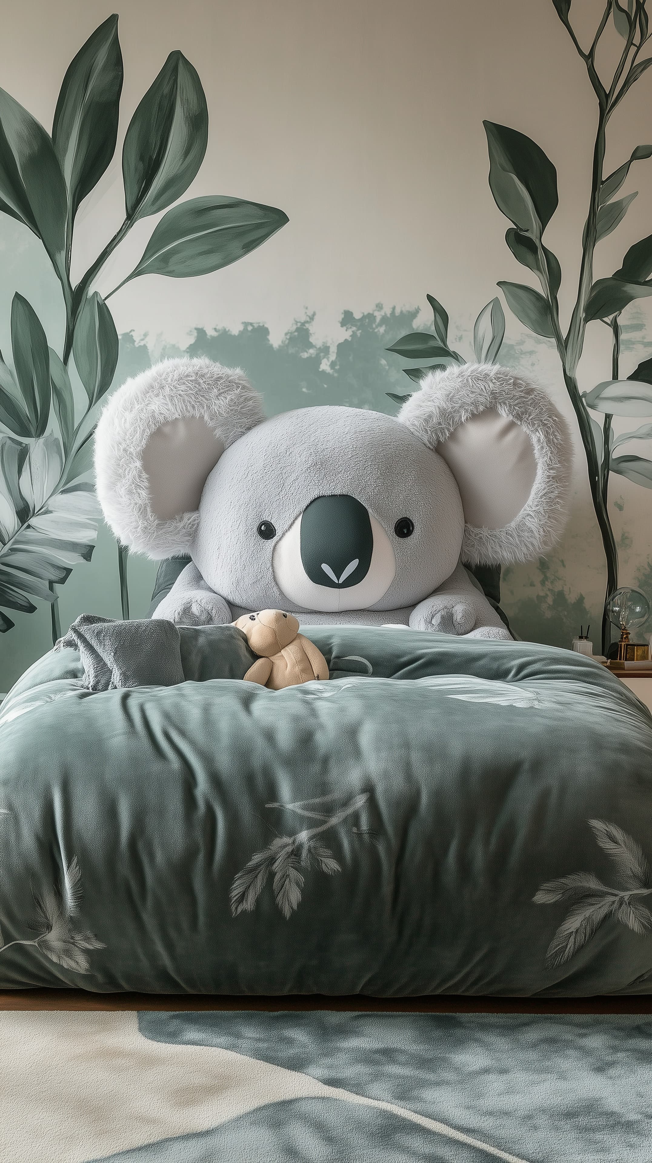 Cozy Koala Plush in Verdant Bedroom Wallpaper Scene - High Resolution bedroom-decor Wallpaper for Mobile and Desktop