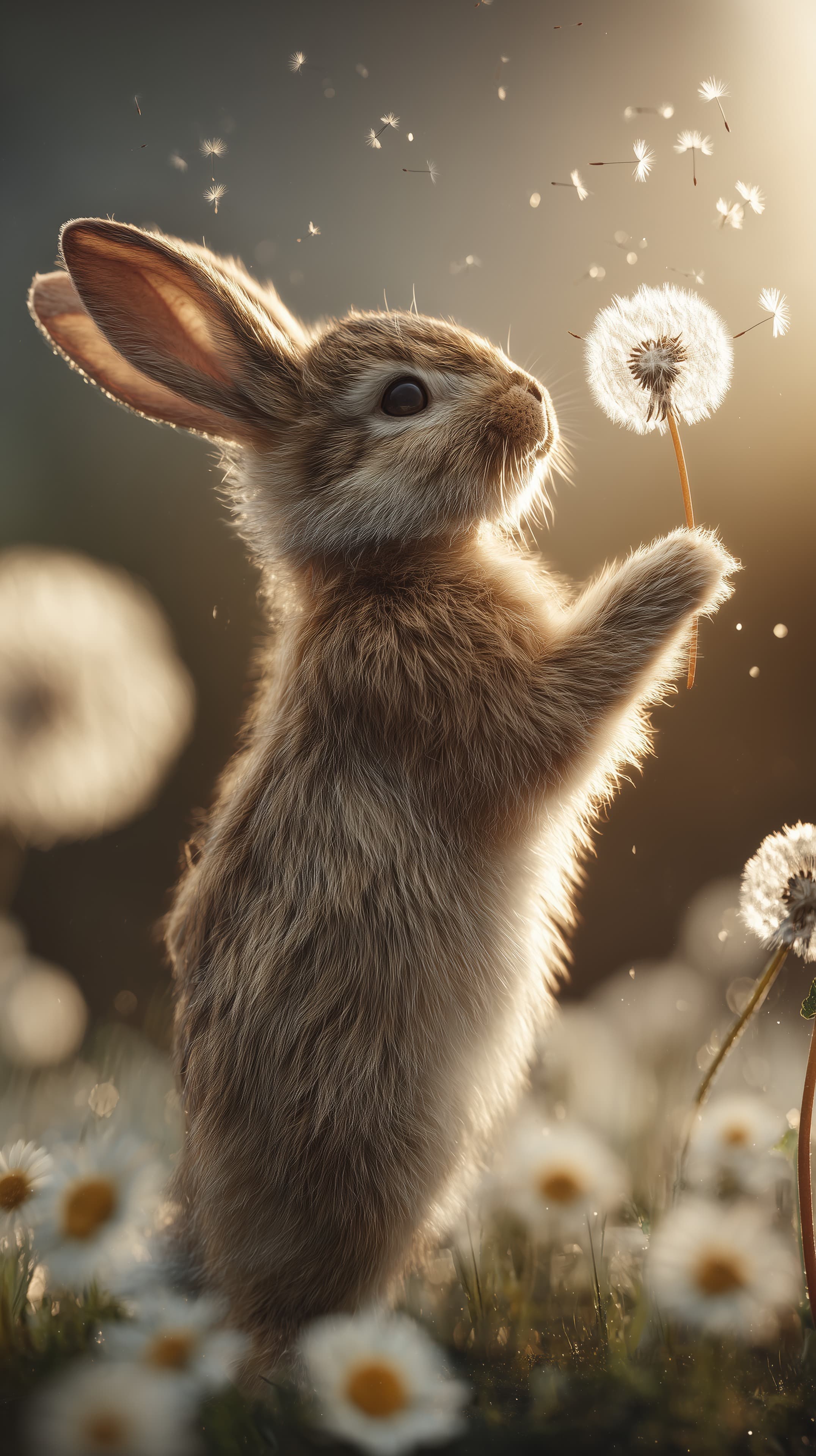 Sunny Bunny with Dandelion in a Golden Meadow Wallpaper - High Resolution bunny Wallpaper for Mobile and Desktop