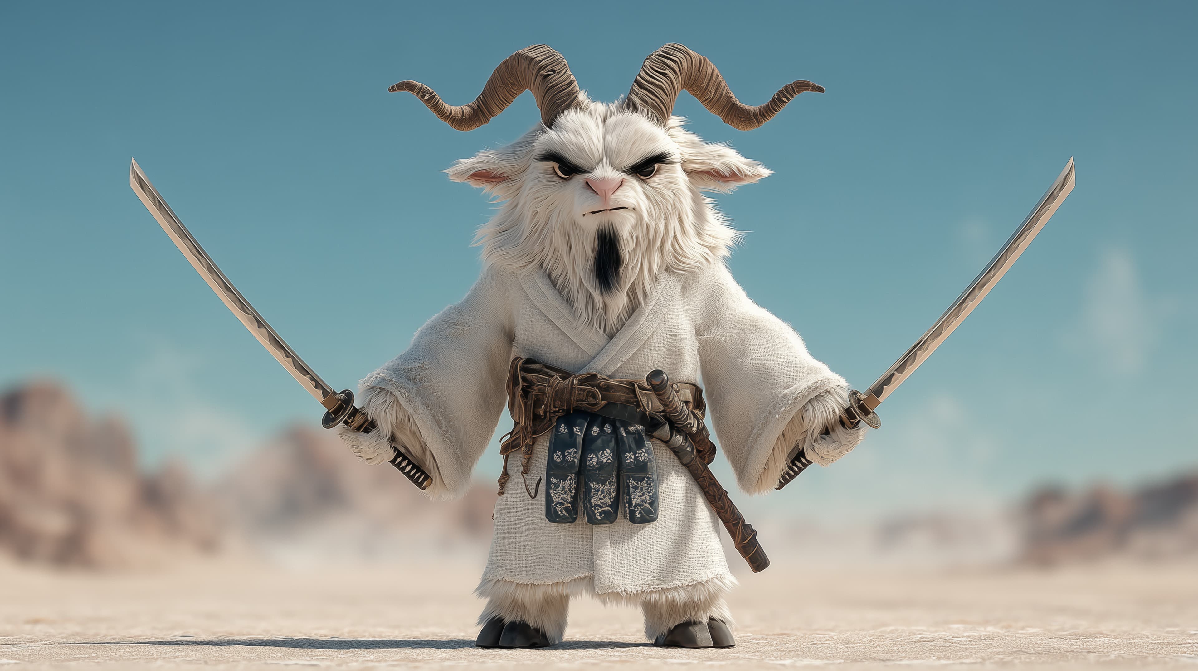 Epic Fantasy Warrior Goat with Dual Swords in Desert - High Resolution fantasy Wallpaper for Mobile and Desktop