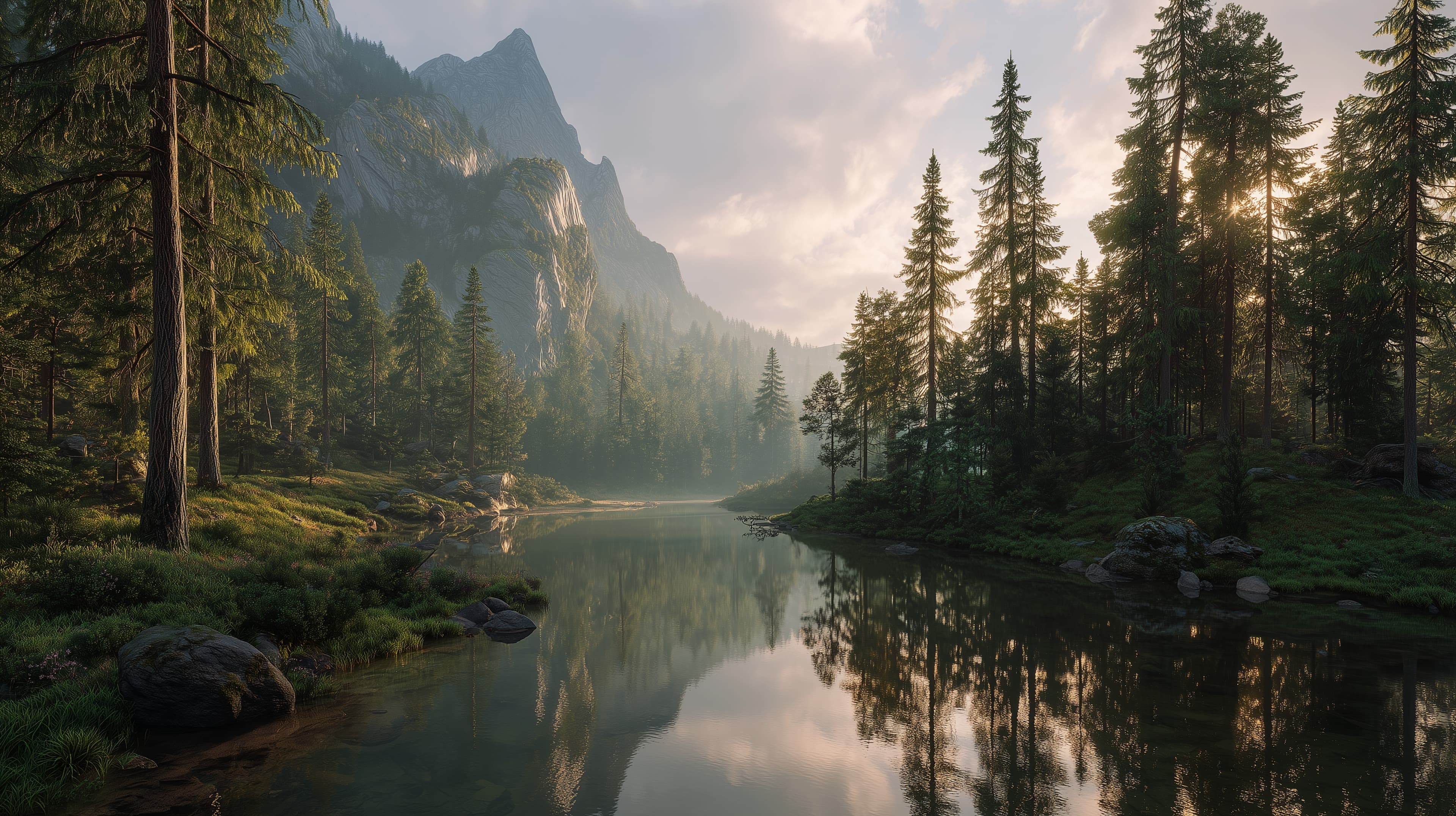 Tranquil Forest Lake at Dusk - Mountain Landscape Wallpaper - High Resolution forest Wallpaper for Mobile and Desktop