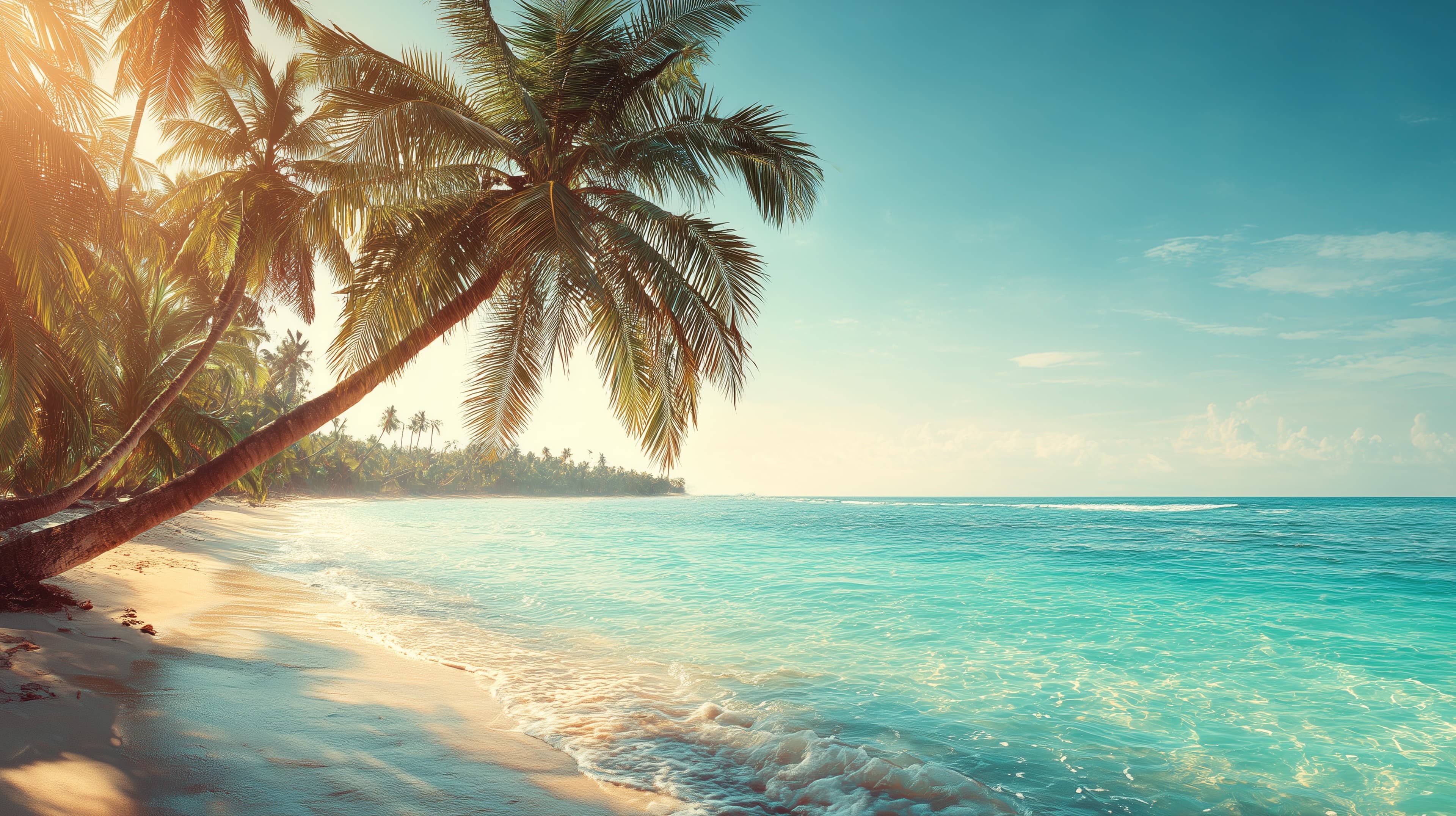 Tropical Beach Paradise with Palm Trees and Turquoise Ocean - High Resolution beach Wallpaper for Mobile and Desktop