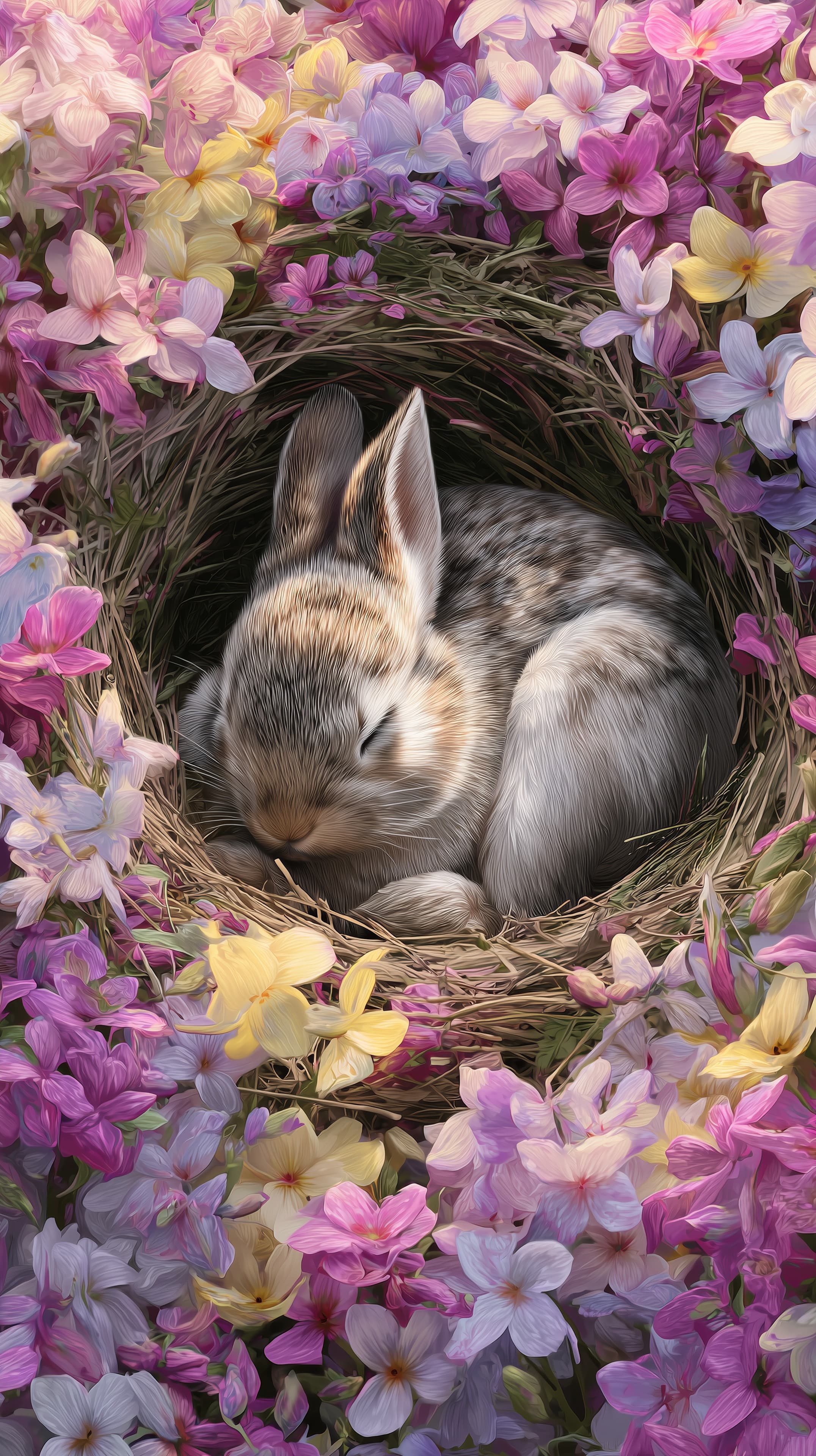 Dreamy Floral Nest: Sleeping Bunny in Springtime Blooms - High Resolution bunny Wallpaper for Mobile and Desktop