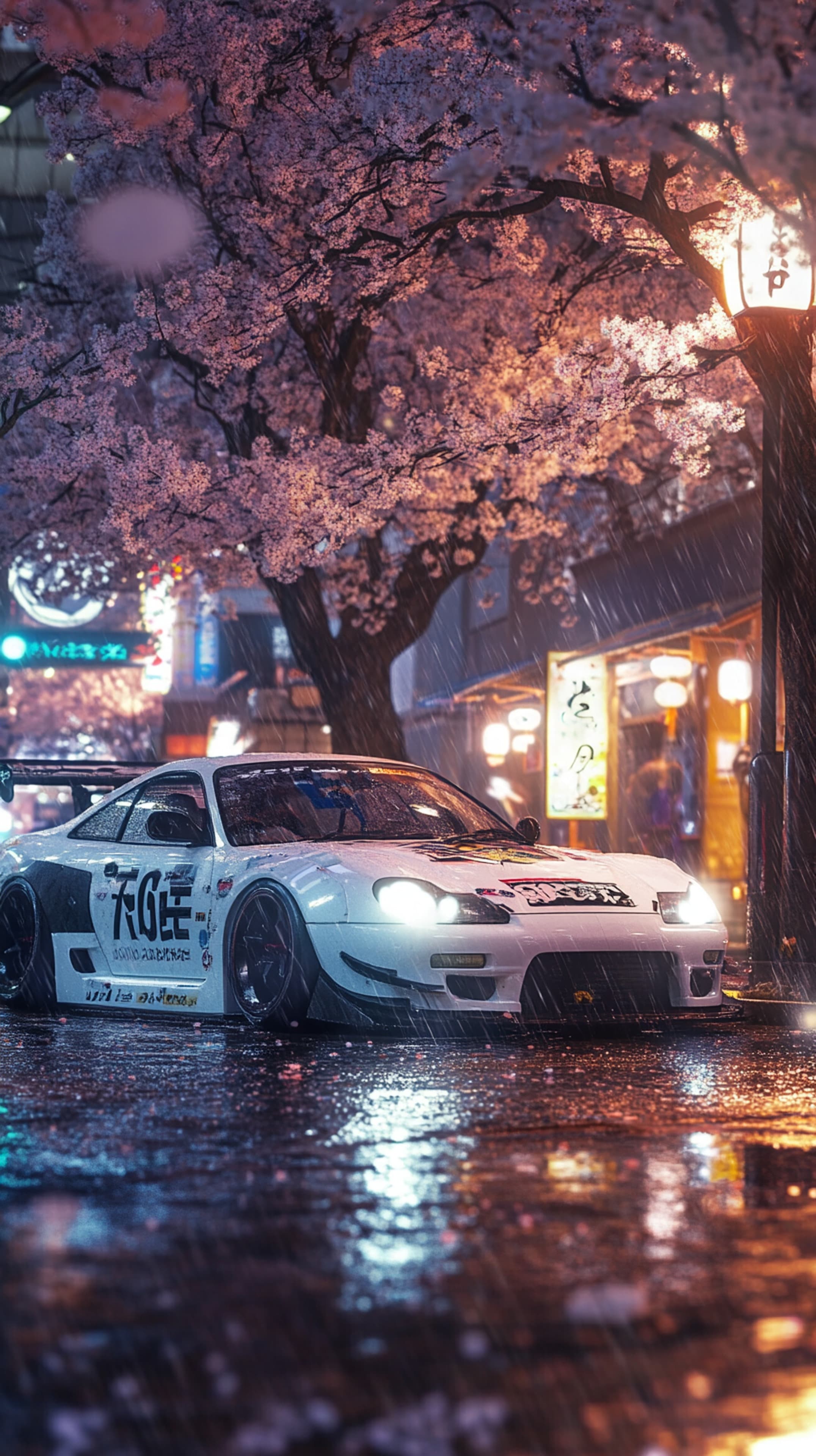 Green sports car by autumn temple gate beneath golden leaves - High Resolution autumn-leaves Wallpaper for Mobile and Desktop
