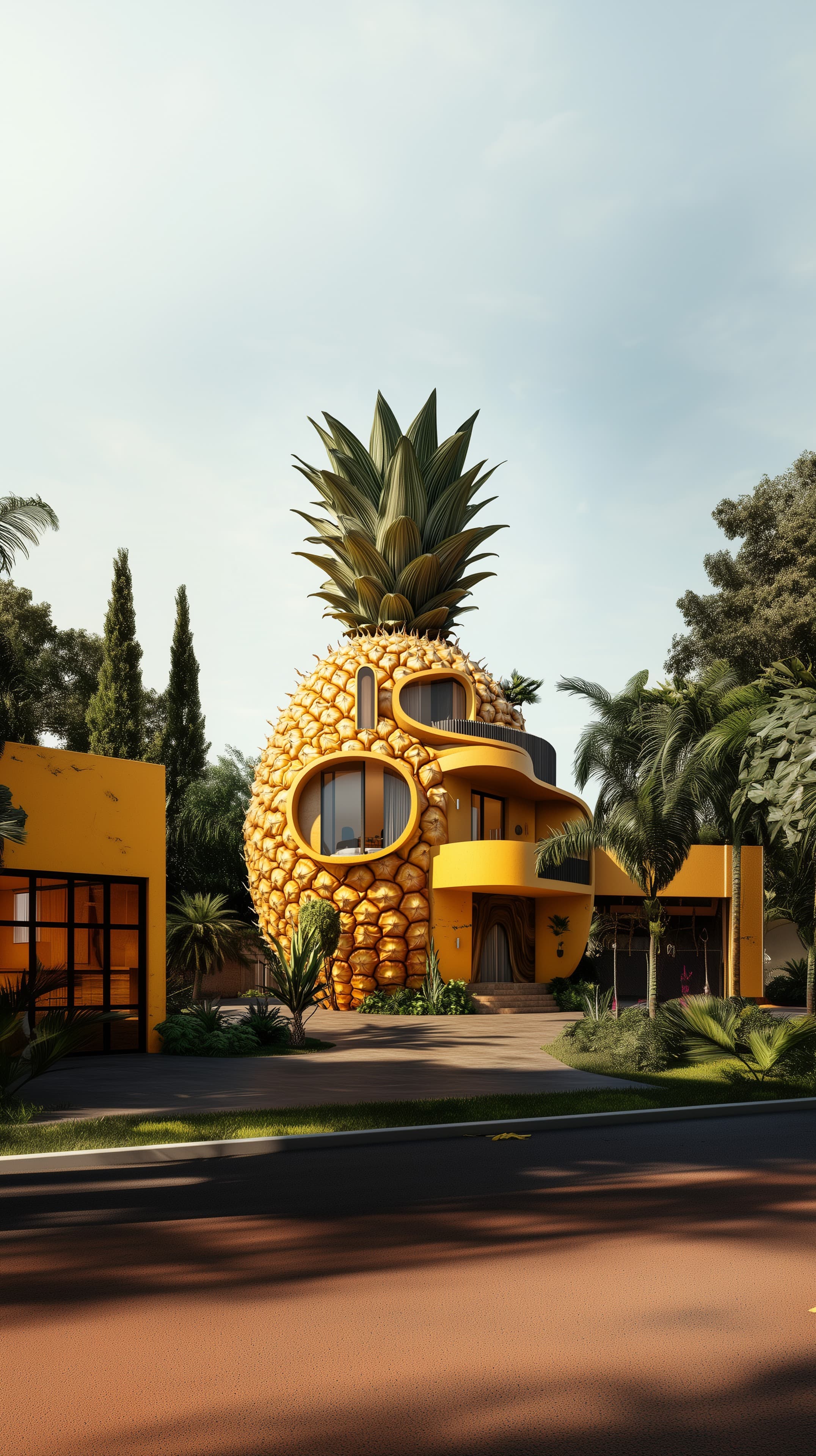 Pineapple-Shaped Modern House with Tropical Design - High Resolution bold-color-exterior Wallpaper for Mobile and Desktop