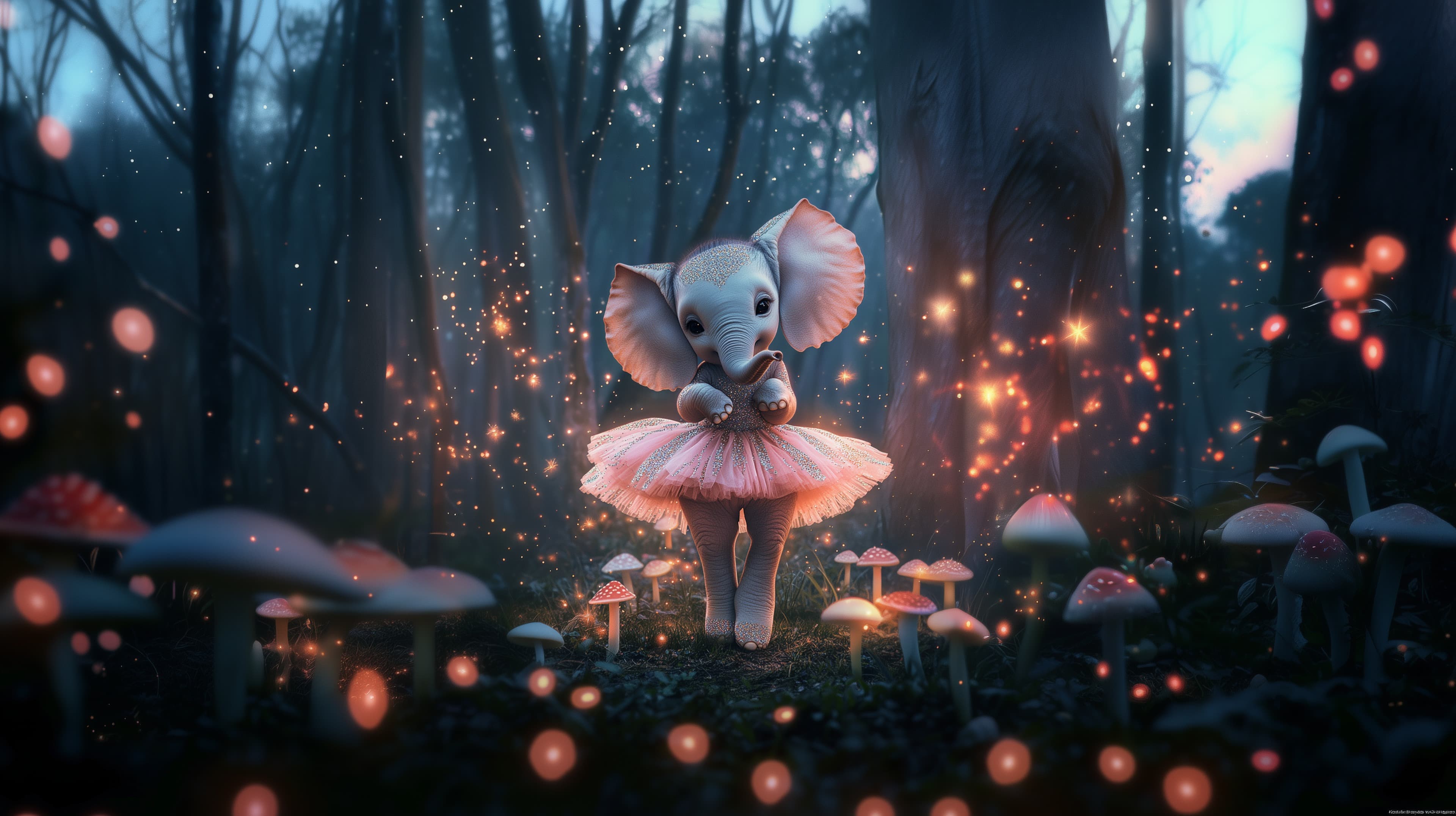 Whimsical forest scene: tutu-wearing baby elephant dancer - High Resolution cute-character Wallpaper for Mobile and Desktop