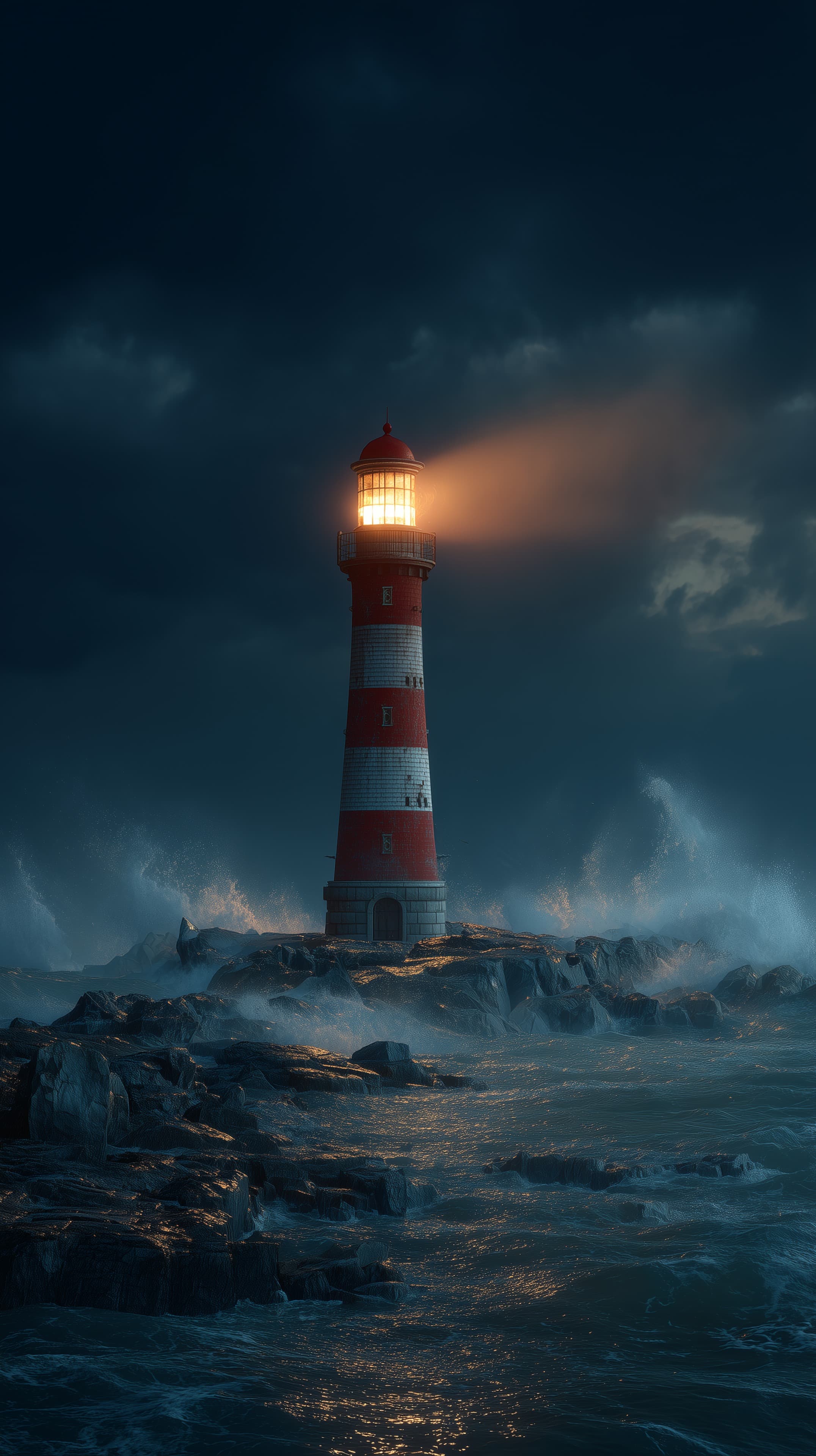 Stormy Night Lighthouse on Rugged Rocks – Moody Seascape - High Resolution beacon-light Wallpaper for Mobile and Desktop