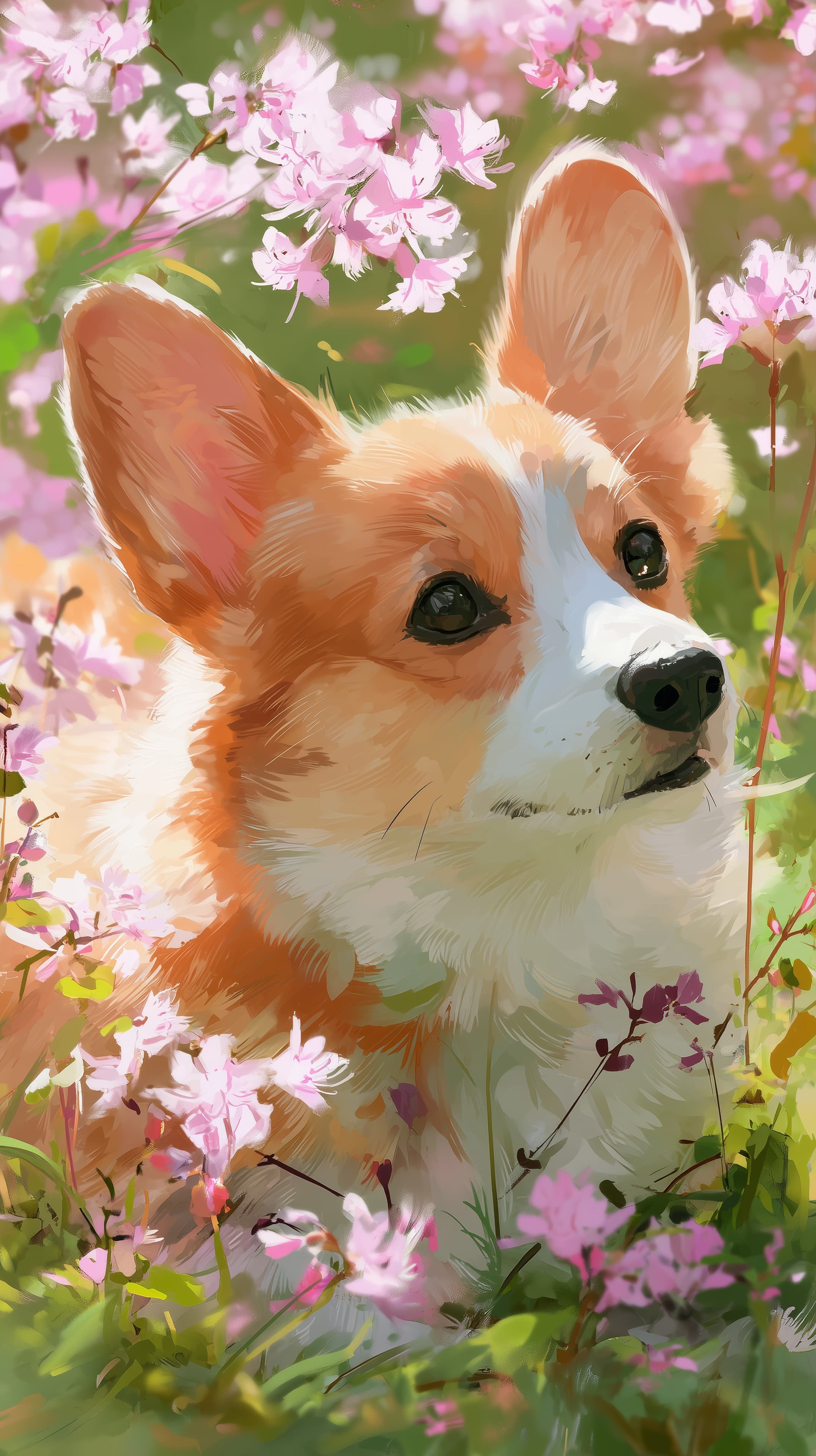 Cute Corgi in Spring Blossoms - Soft Digital Painting Wallpaper - High Resolution corgi Wallpaper for Mobile and Desktop