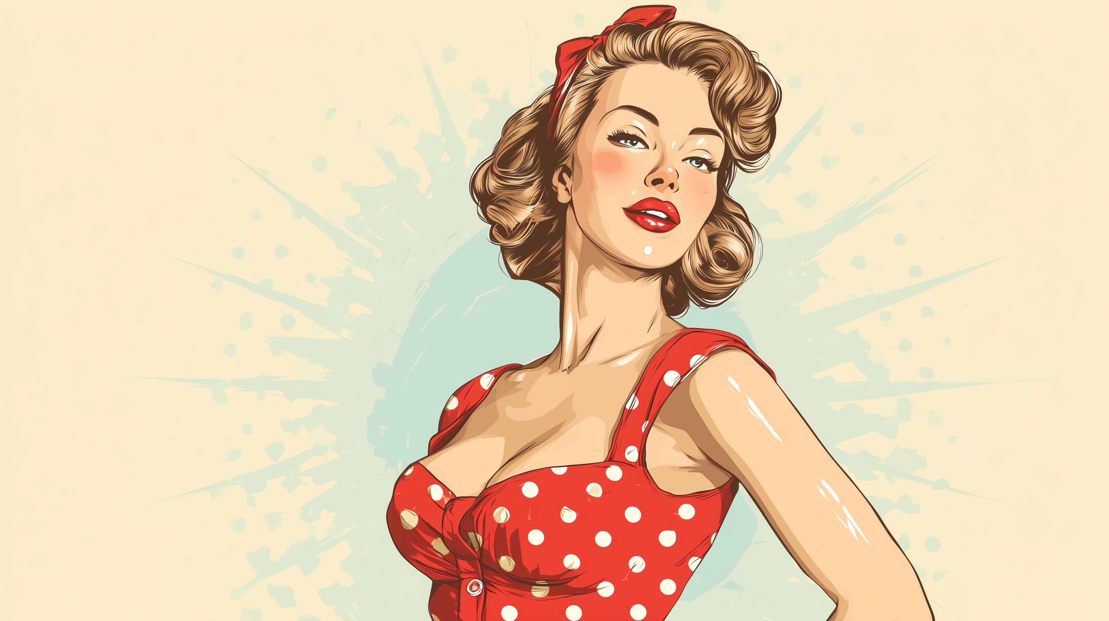 Retro Pin-Up Girl in Red Polka Dot Dress – Vintage Wall Art - High Resolution classic-glamour Wallpaper for Mobile and Desktop