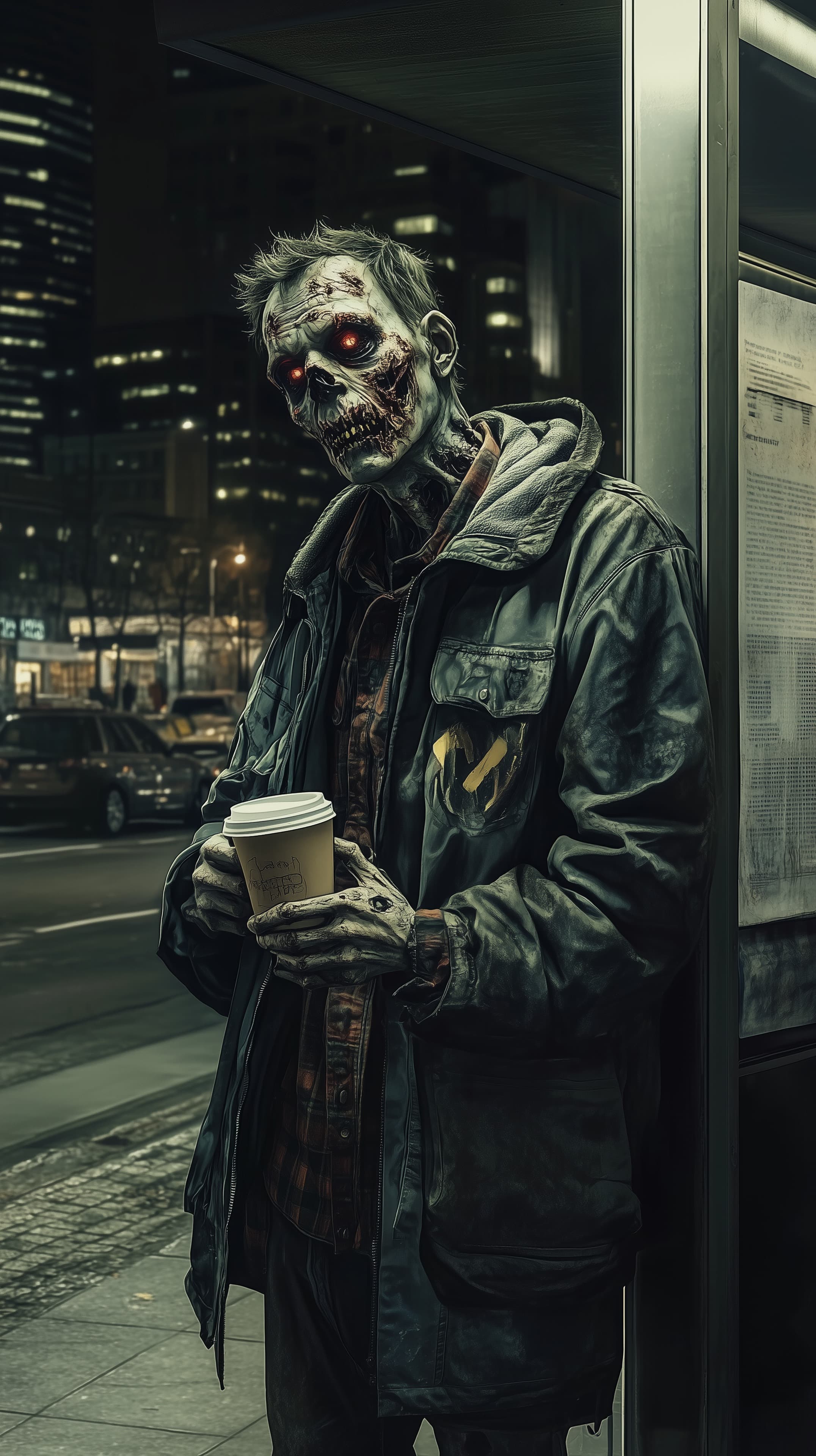 Moody urban zombie at night with coffee - digital artwork - High Resolution coffee-moment Wallpaper for Mobile and Desktop