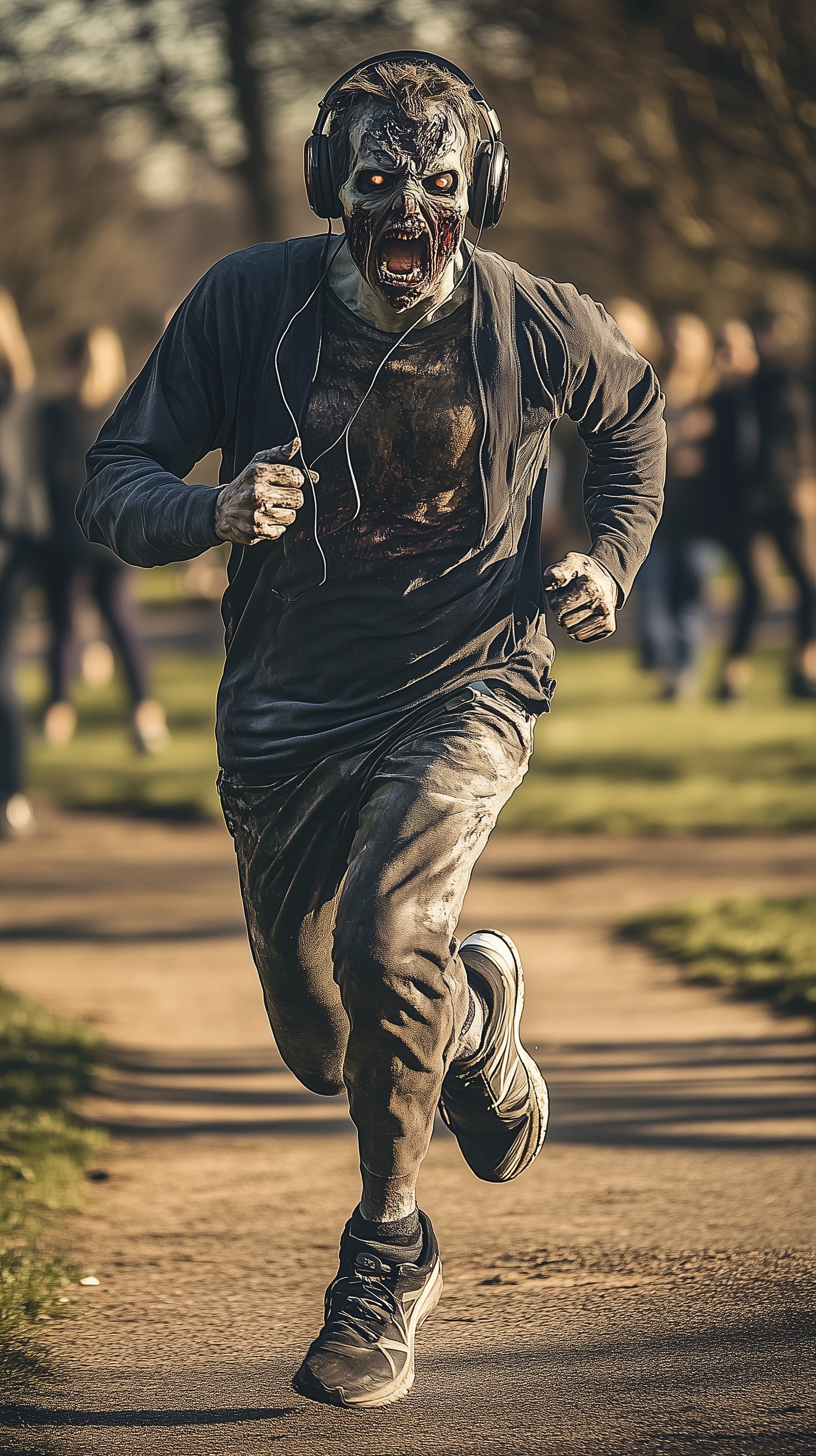 Urban Zombie Runner with Headphones — Gritty Horror Wallpaper - High Resolution dark Wallpaper for Mobile and Desktop