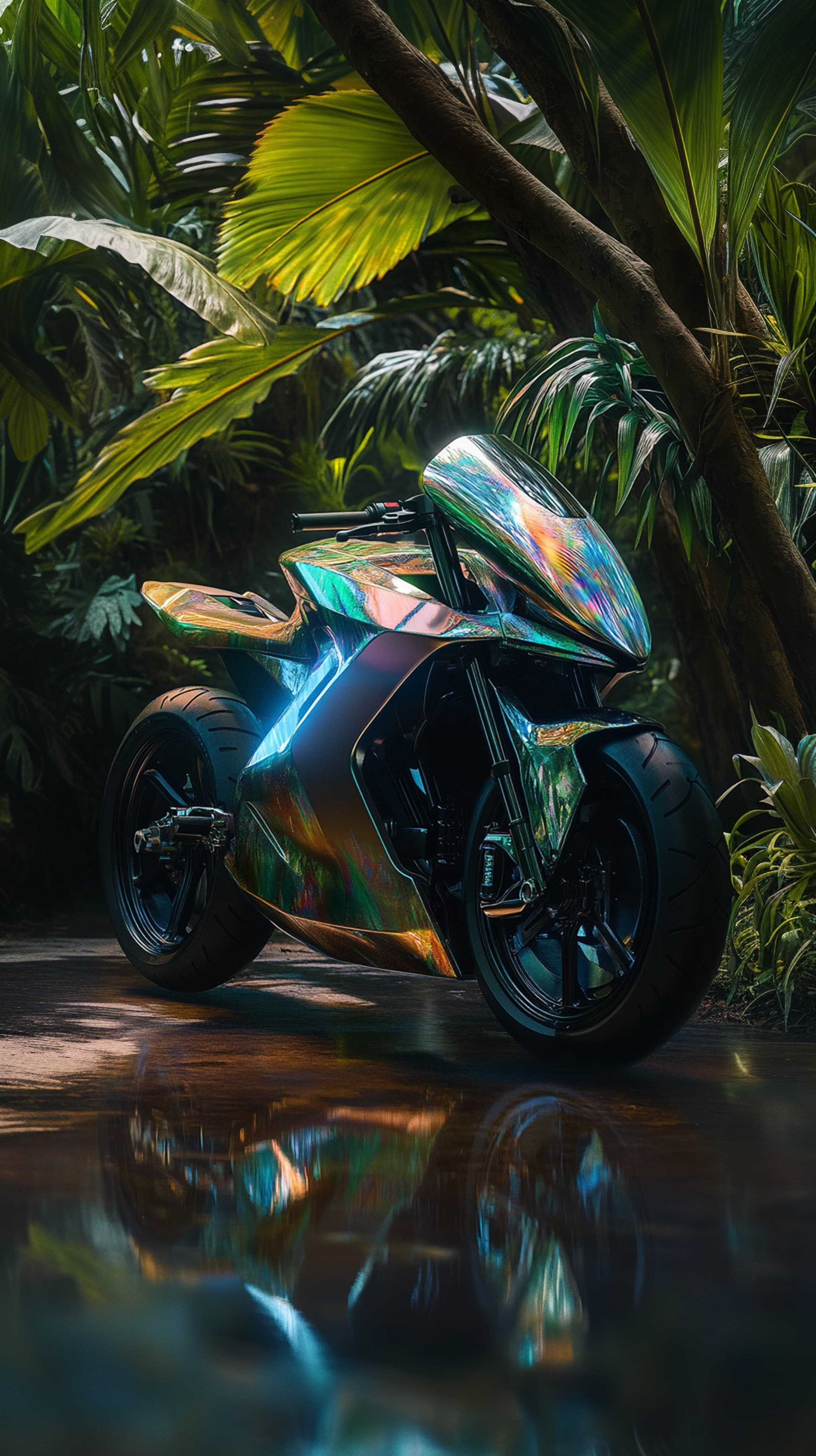 Iridescent sport motorcycle in a tropical jungle setting - High Resolution iridescent-motorcycle Wallpaper for Mobile and Desktop