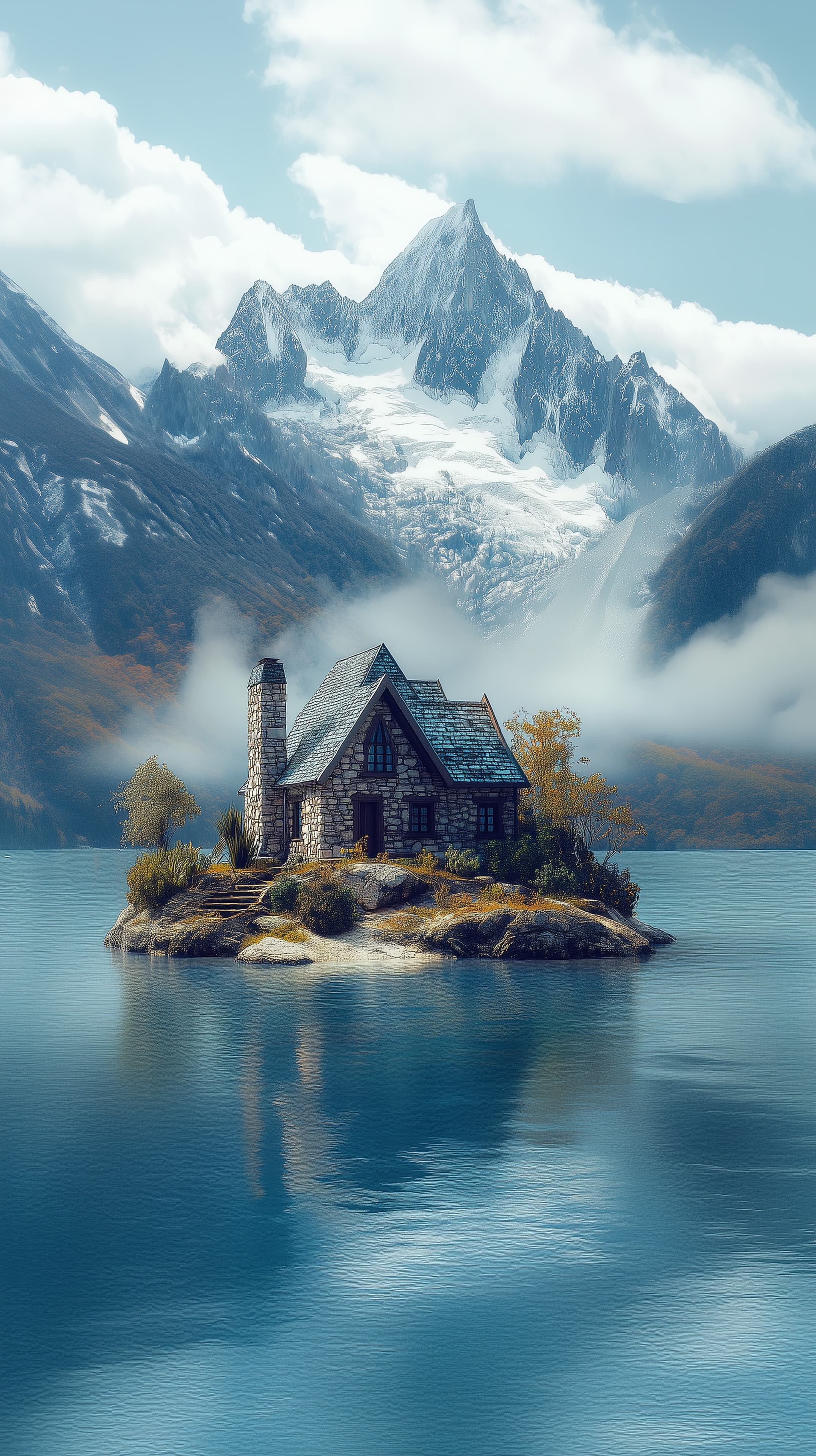 Serene Stone Cottage on a Remote Mountain Lake Island - High Resolution alpine Wallpaper for Mobile and Desktop