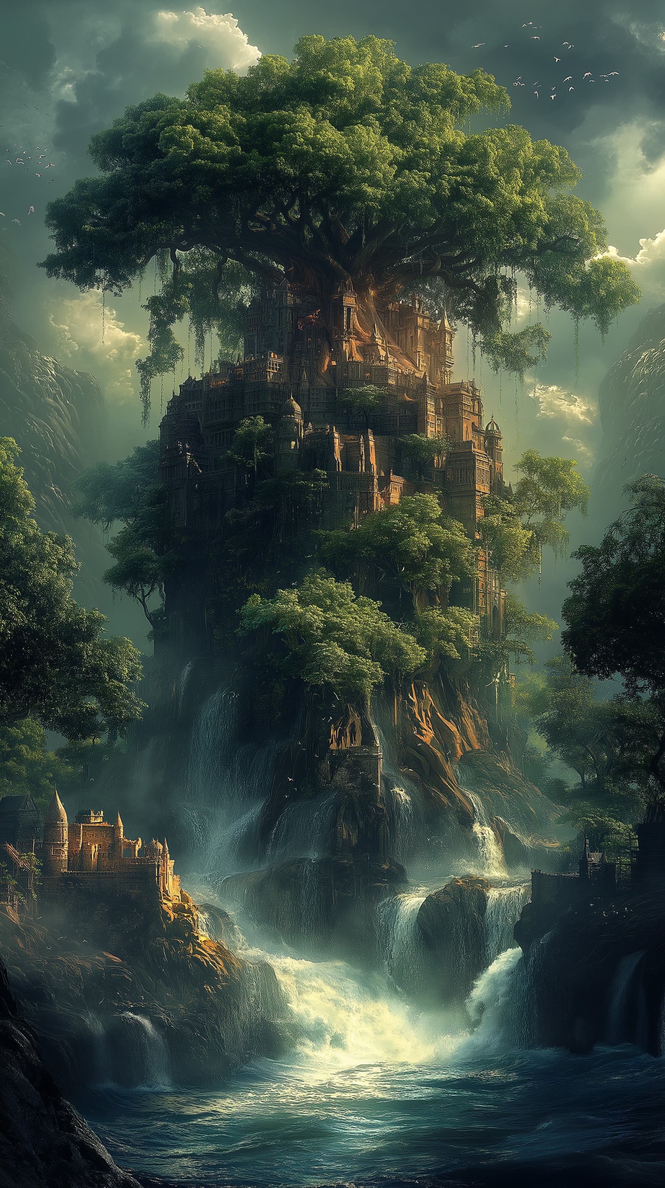 Majestic Tree City: Ancient jungle metropolis atop a colossal tree - High Resolution ancient-ruins Wallpaper for Mobile and Desktop