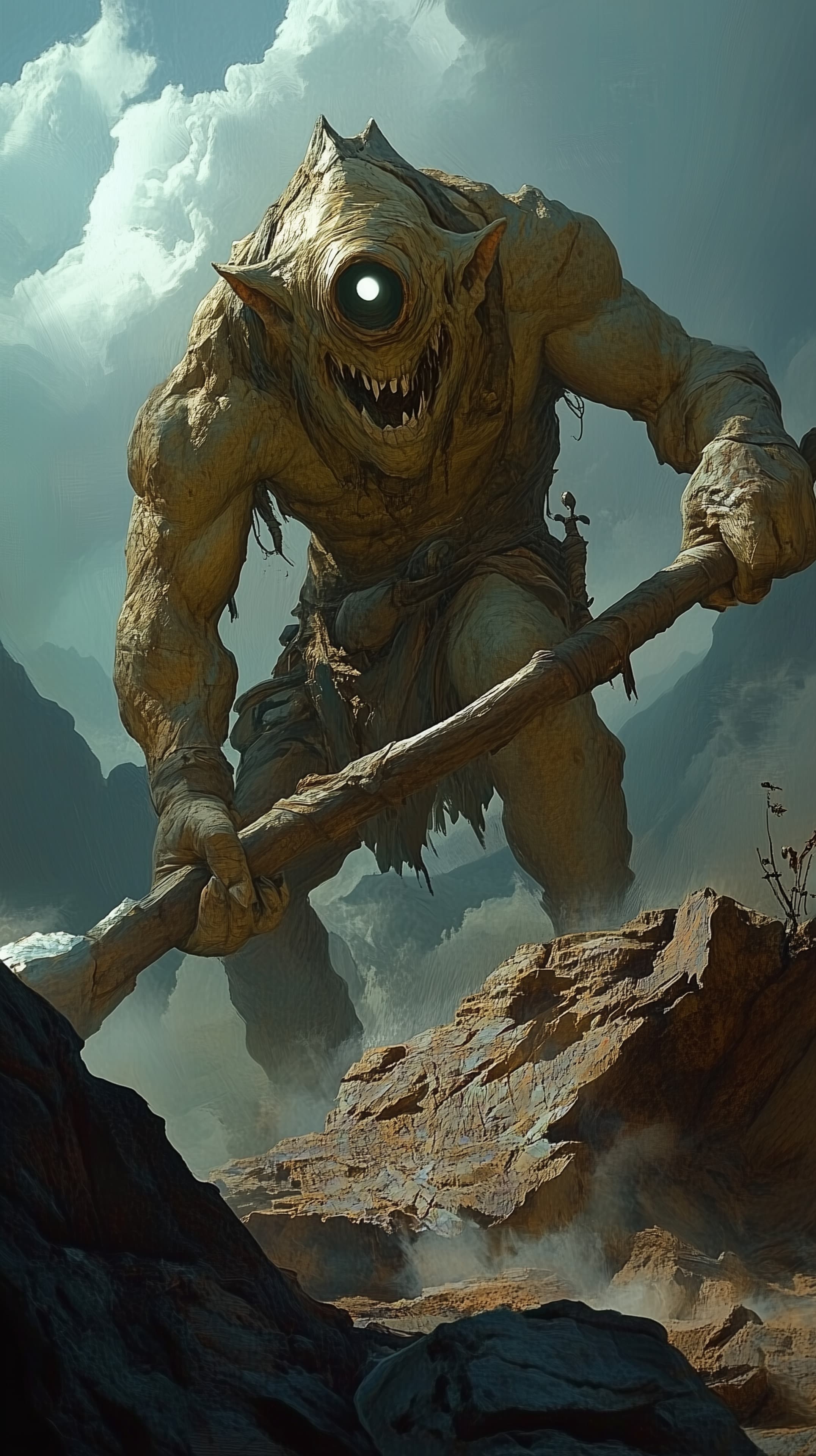 Colossal fantasy monster roams a rugged canyon with glowing eye - High Resolution cinematic Wallpaper for Mobile and Desktop