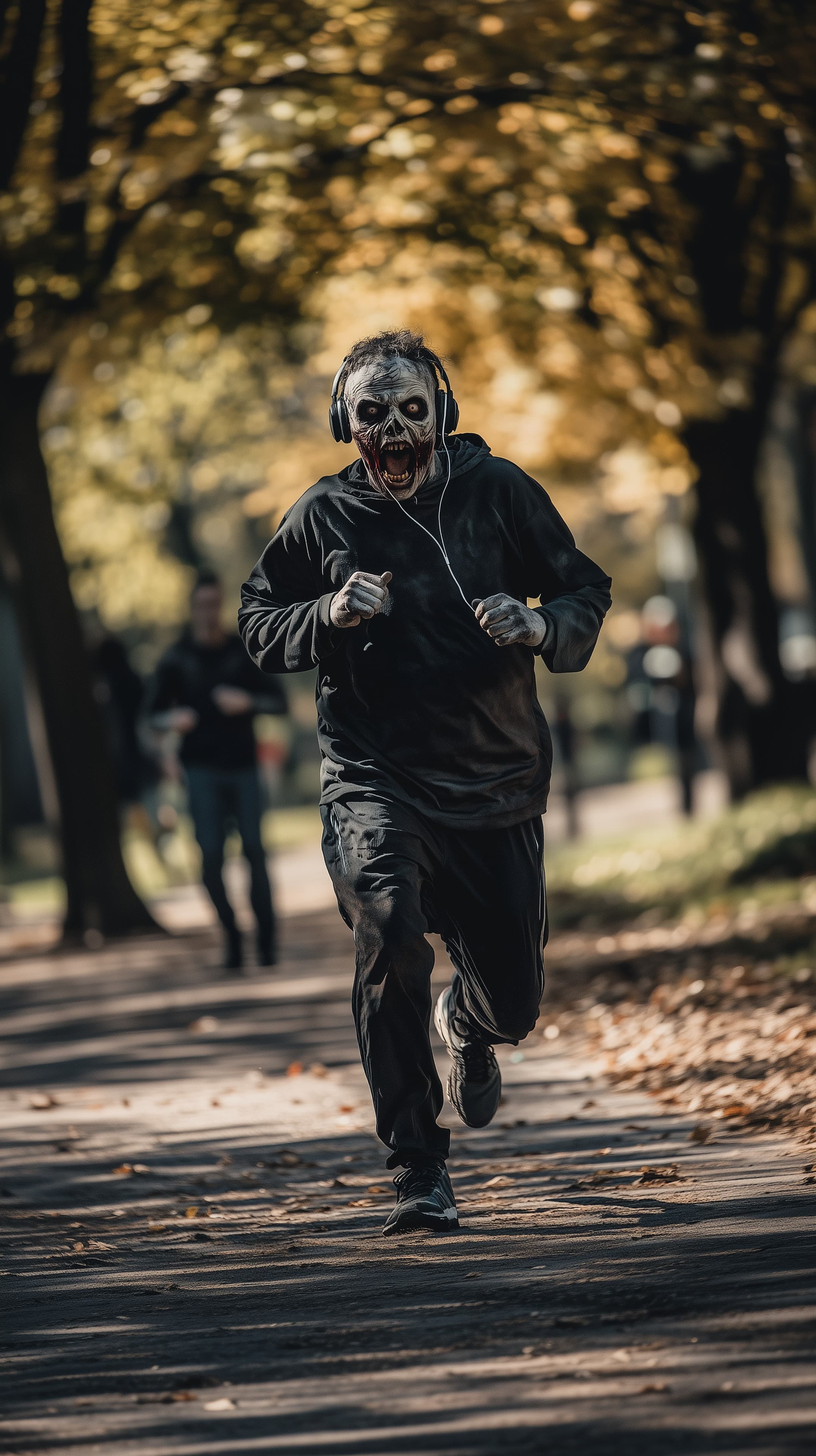 Autumn Zombie Runner in Park - Creepy Horror Wallpaper - High Resolution autumn Wallpaper for Mobile and Desktop