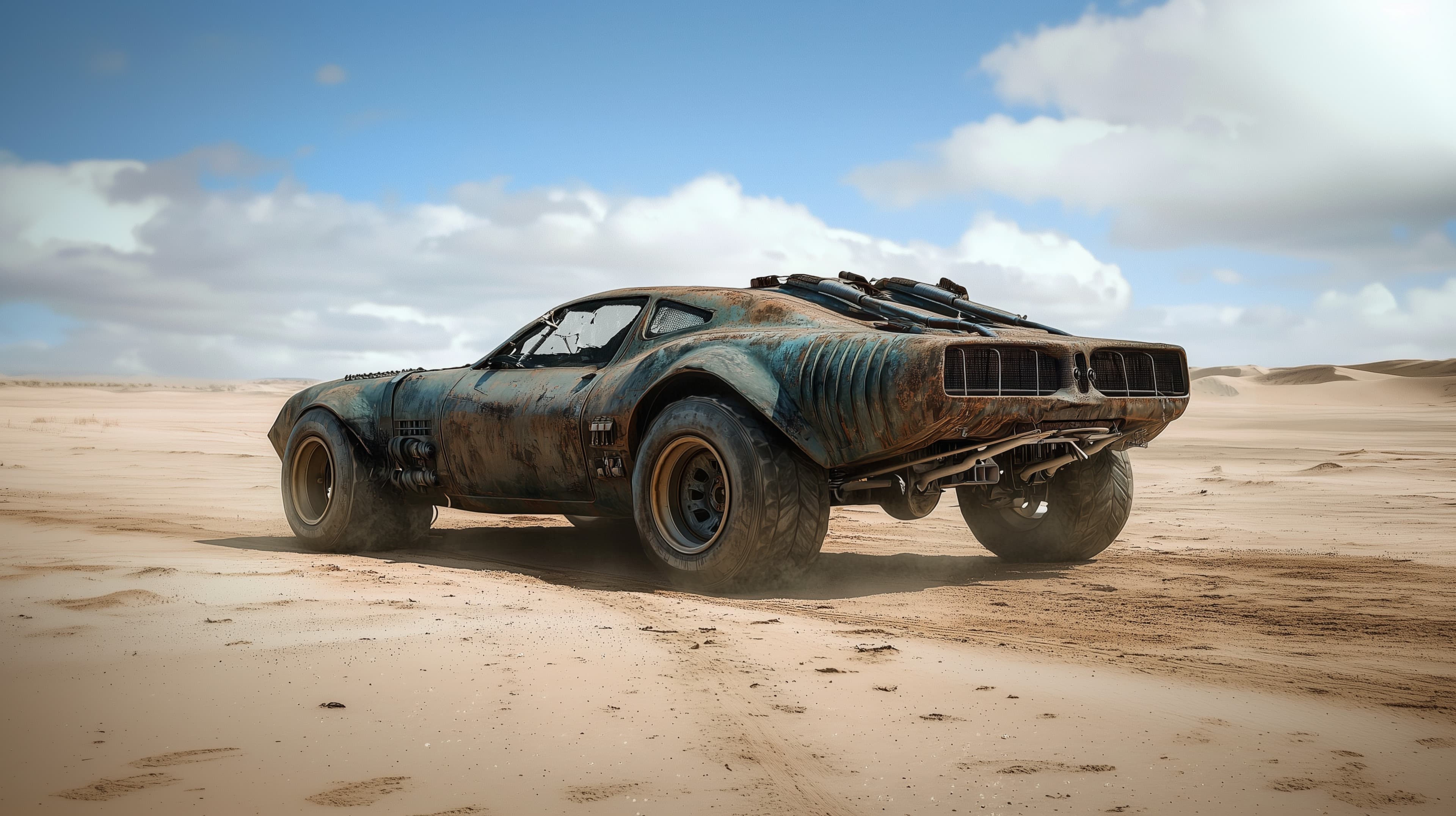 Desert Dune Beast: Weathered Muscle Car in Sand Landscape - High Resolution car Wallpaper for Mobile and Desktop