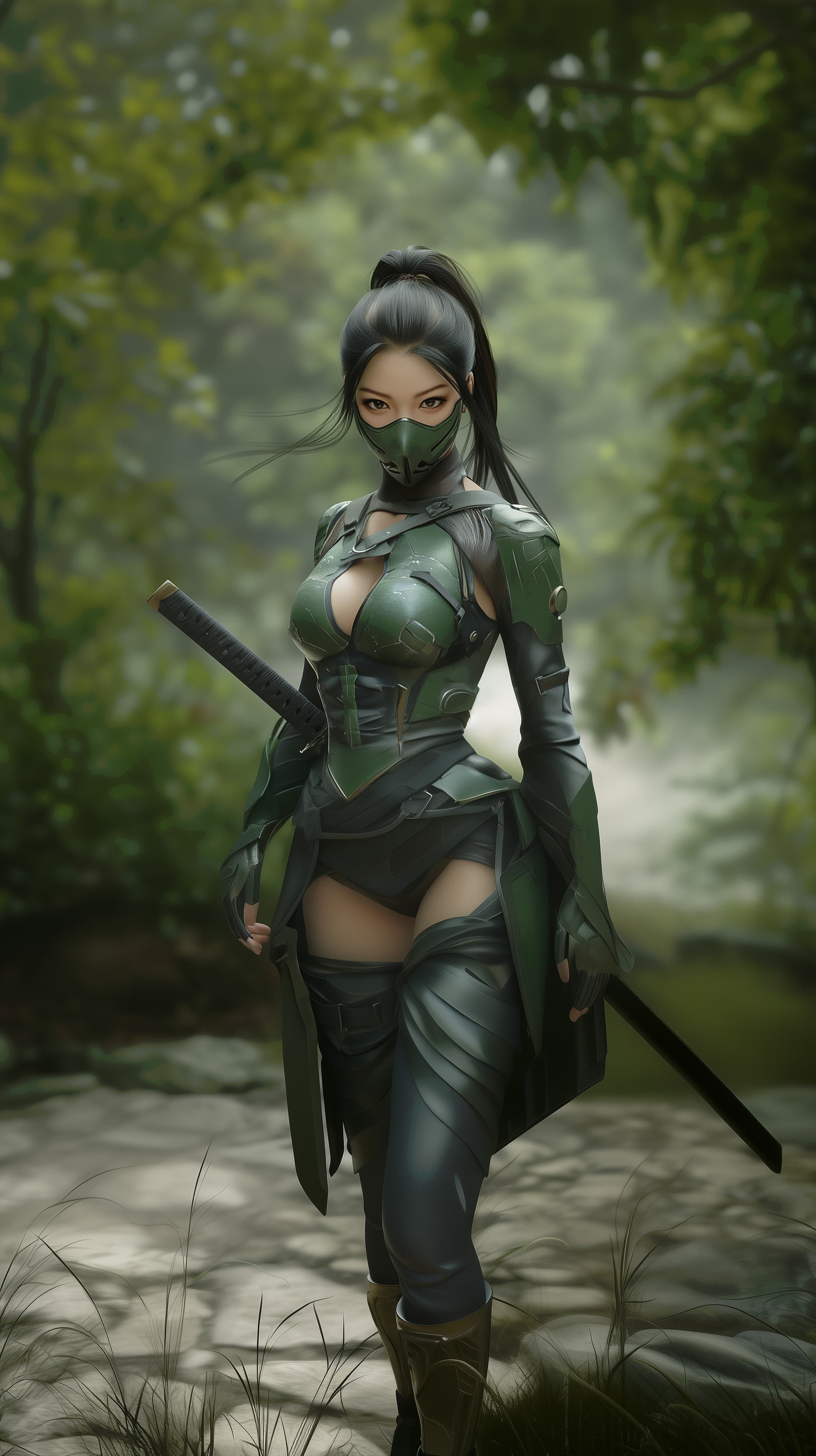 Green Armored Ninja Warrior in a Misty Forest Landscape - High Resolution armored-heroine Wallpaper for Mobile and Desktop
