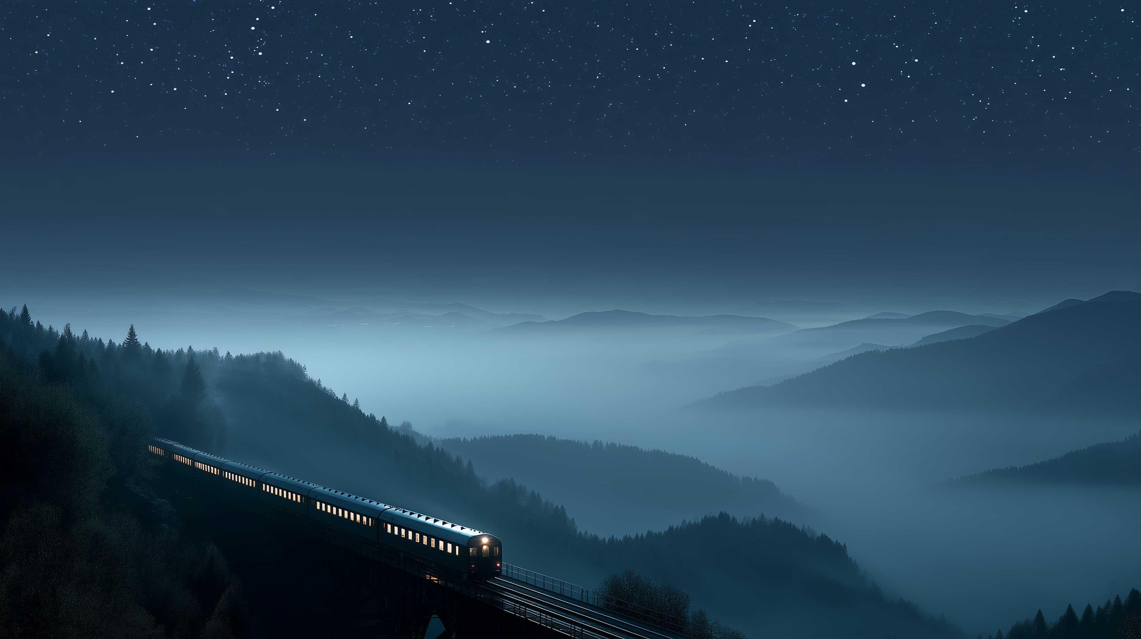 Night Valley Train in Misty Blue Mountain Landscape - High Resolution blue Wallpaper for Mobile and Desktop