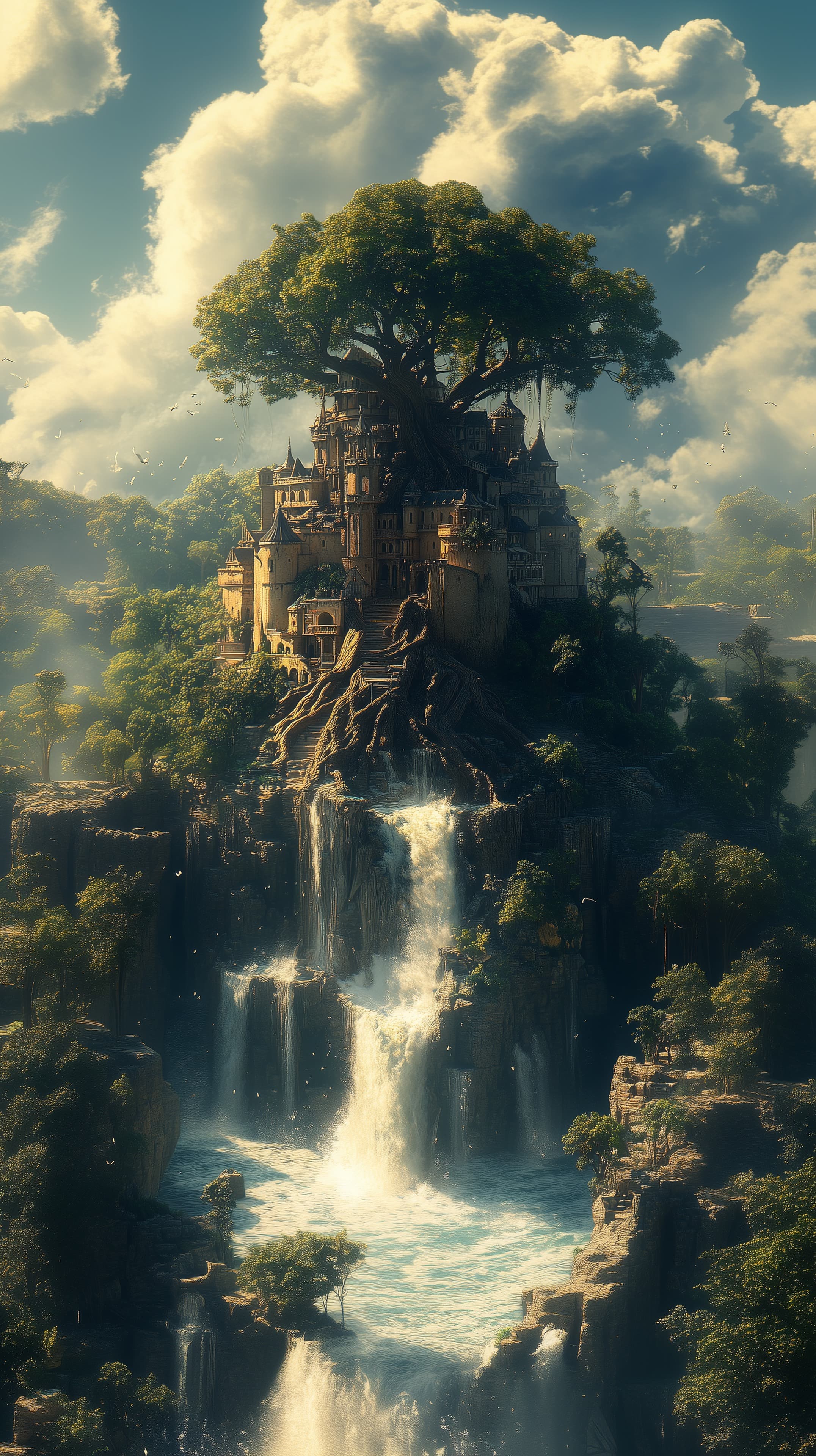 Enchanted Tree Castle on a Cascading Waterfall – Fantasy Wallpaper - High Resolution castle-landscape Wallpaper for Mobile and Desktop