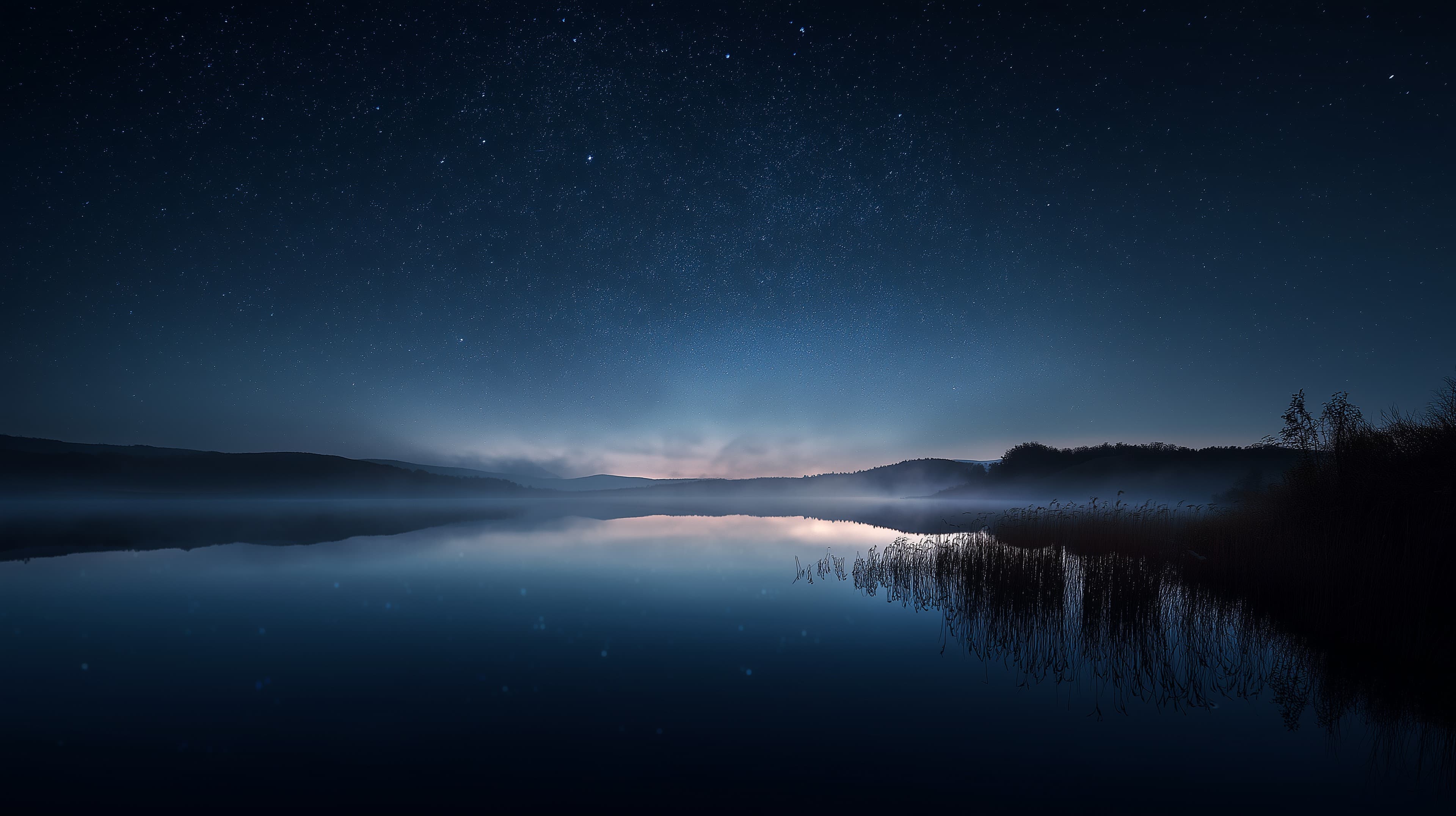 Moonlit Night Lakeside Panorama in Deep Blue tones with Stars - High Resolution blue Wallpaper for Mobile and Desktop