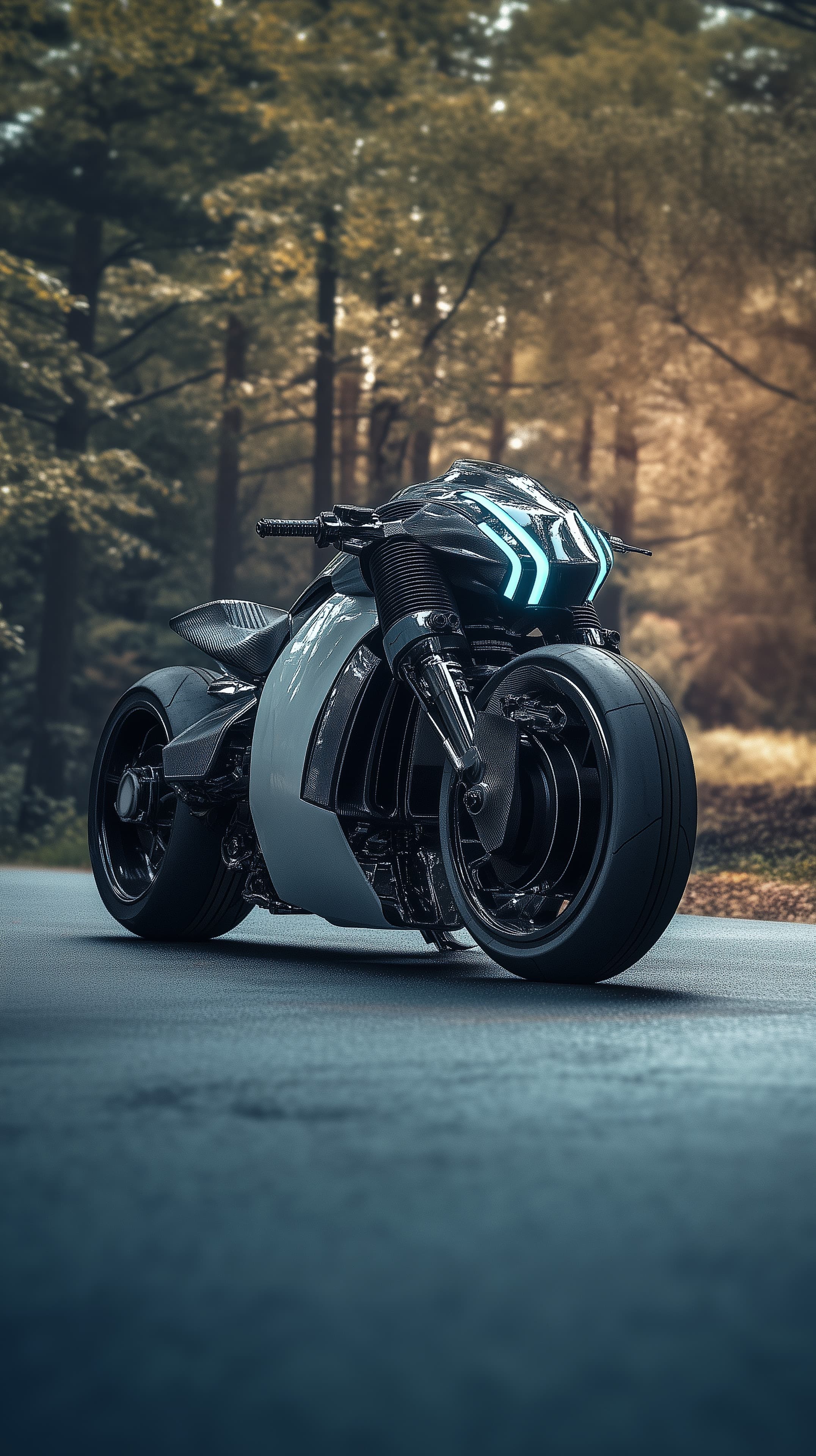 Futuristic Neon-Accented Motorcycle on a Forest Road - High Resolution cinematic Wallpaper for Mobile and Desktop