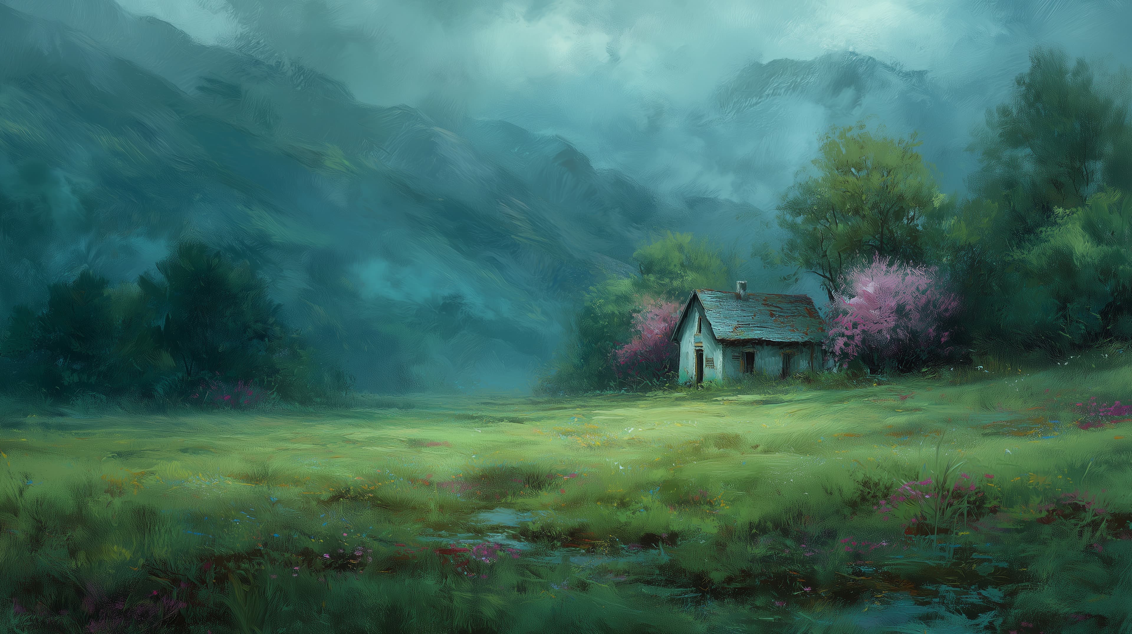 Dreamy Mountain Meadow Cottage in Teal Mist and Blooming Trees - High Resolution cottage Wallpaper for Mobile and Desktop