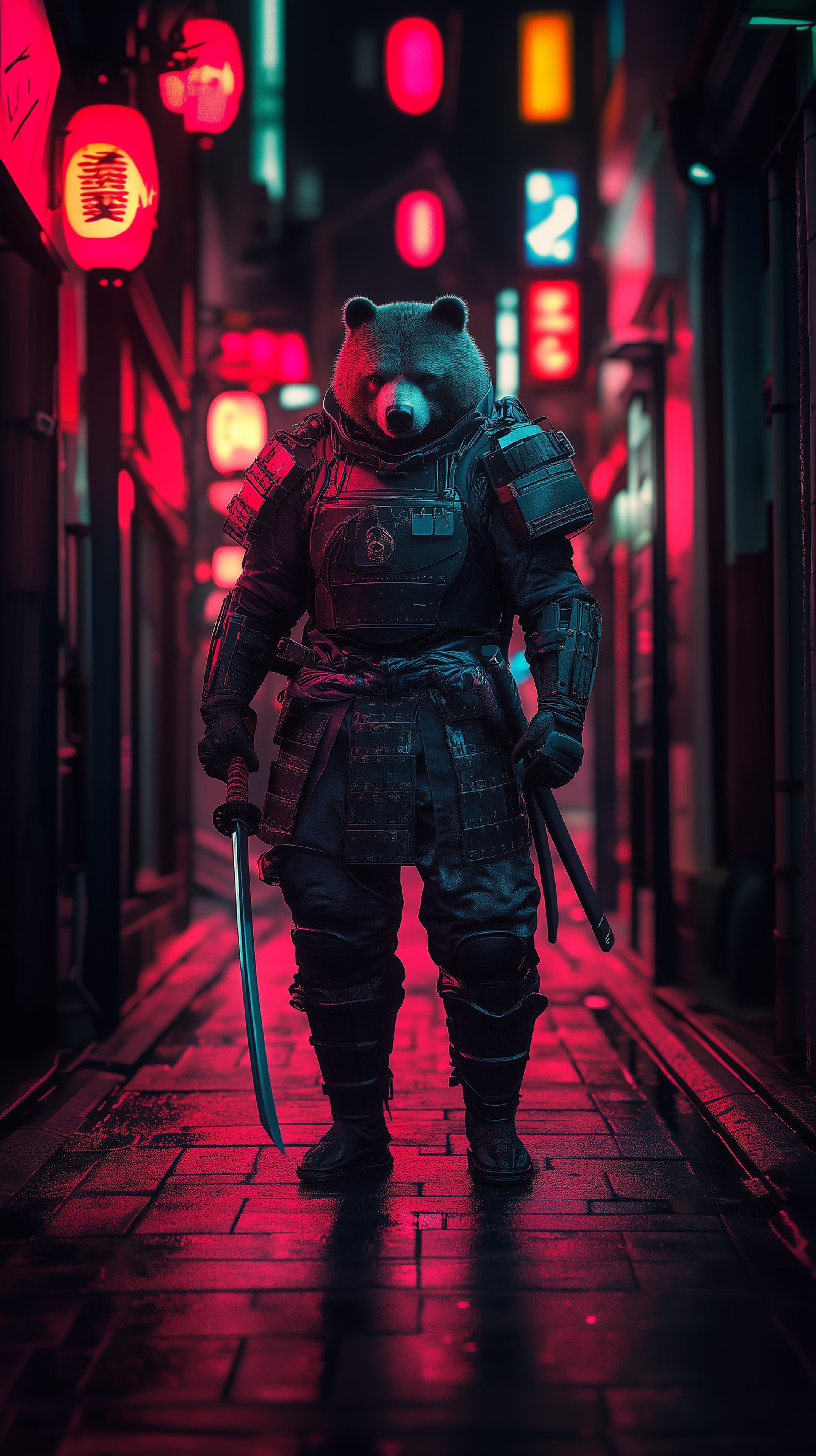 Neon Night Warrior Bear in Futuristic Armor With Swords - High Resolution anthropomorphic-bear Wallpaper for Mobile and Desktop