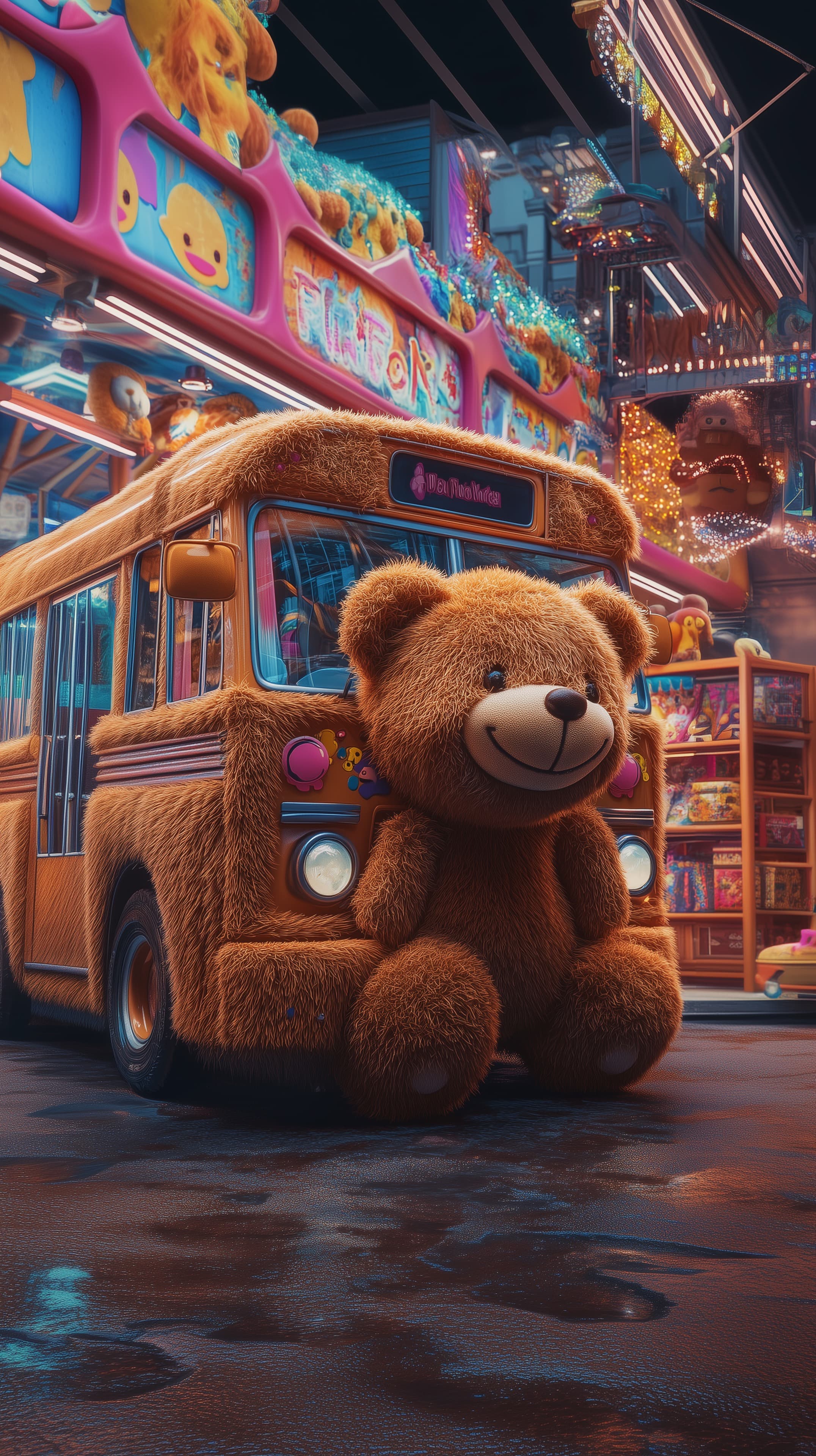 Cozy Teddy Bear on a Neon Night Carnival Bus Scene - High Resolution bus Wallpaper for Mobile and Desktop