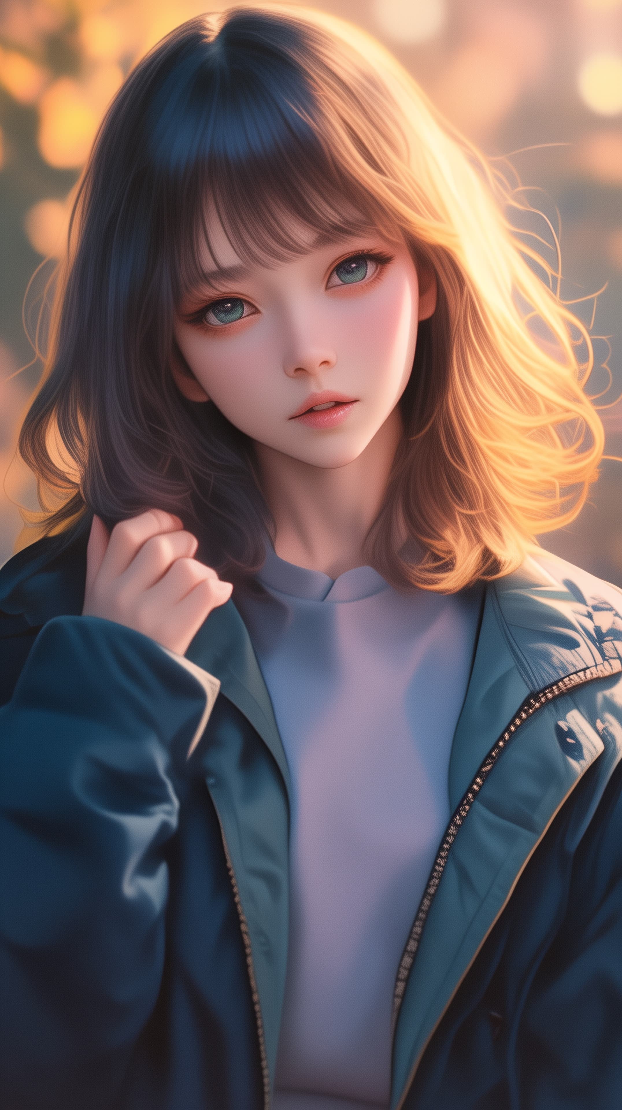 Dreamy Portrait of a Young Woman in Sunset Glow with Soft Hair - High Resolution anime-inspired Wallpaper for Mobile and Desktop