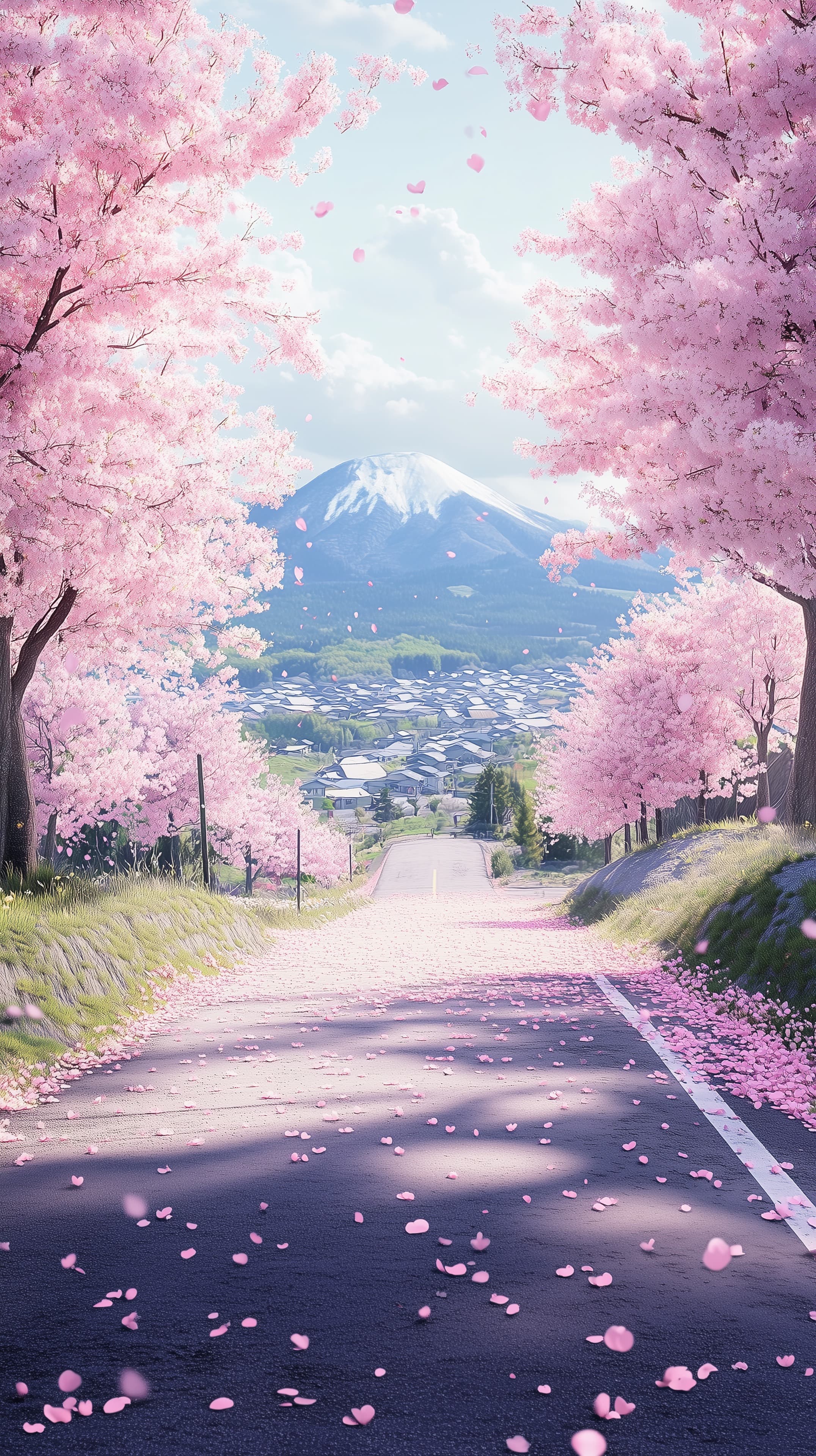 Cherry Blossom Road to Snowy Mountain Village - Dreamy Spring Scene - High Resolution cherry-blossoms Wallpaper for Mobile and Desktop