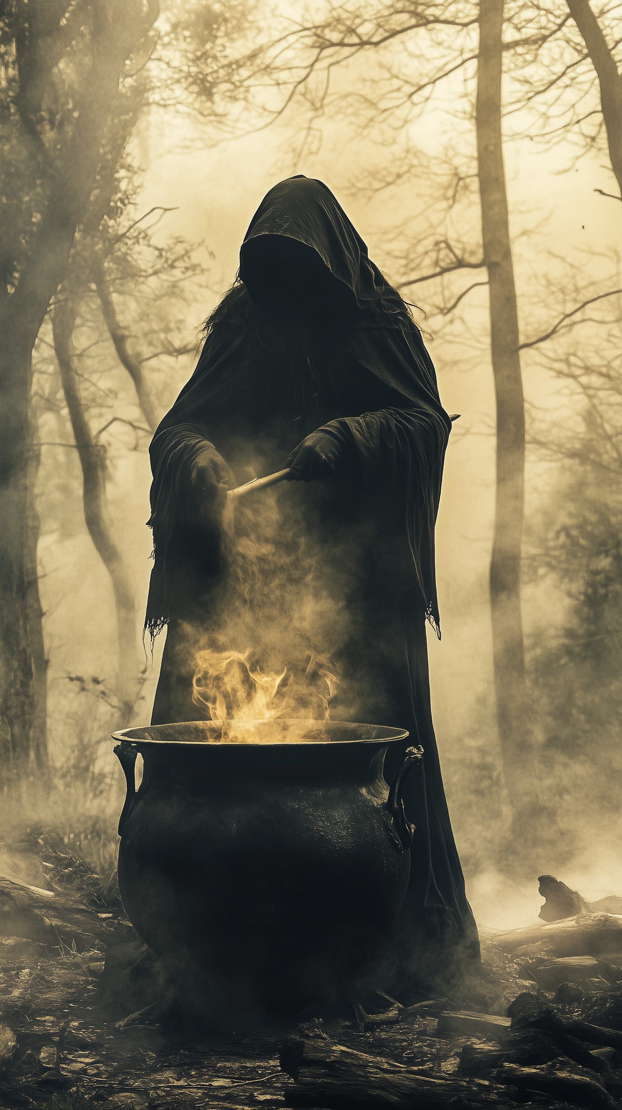 Mystical forest witch with cauldron in smoky haze - High Resolution cauldron Wallpaper for Mobile and Desktop