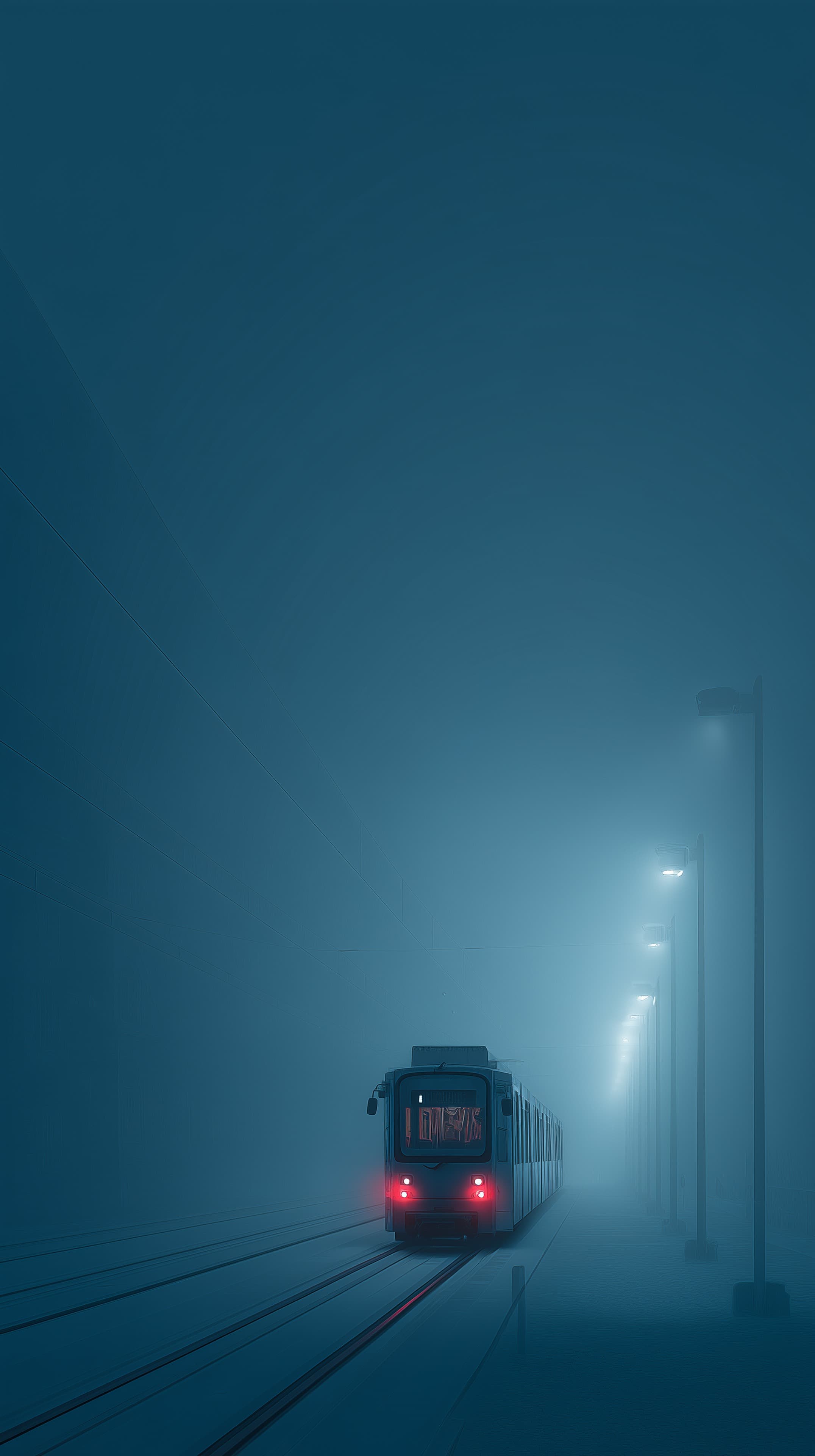 Blue Night Subway Train in Dense Fog on Quiet Tracks - High Resolution blue-glow Wallpaper for Mobile and Desktop