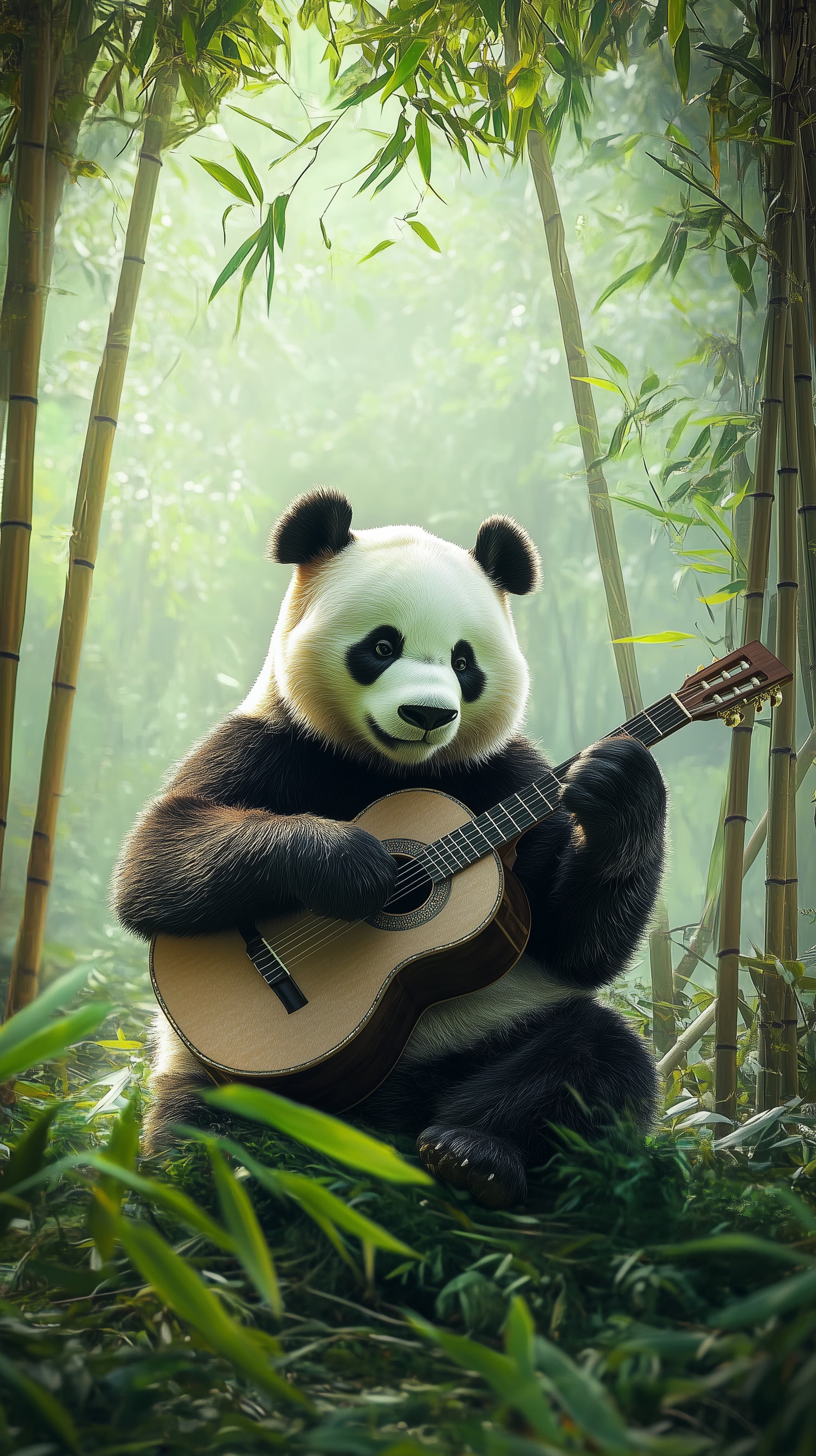 Panda Playing Acoustic Guitar in Serene Bamboo Forest Wallpaper - High Resolution animal Wallpaper for Mobile and Desktop