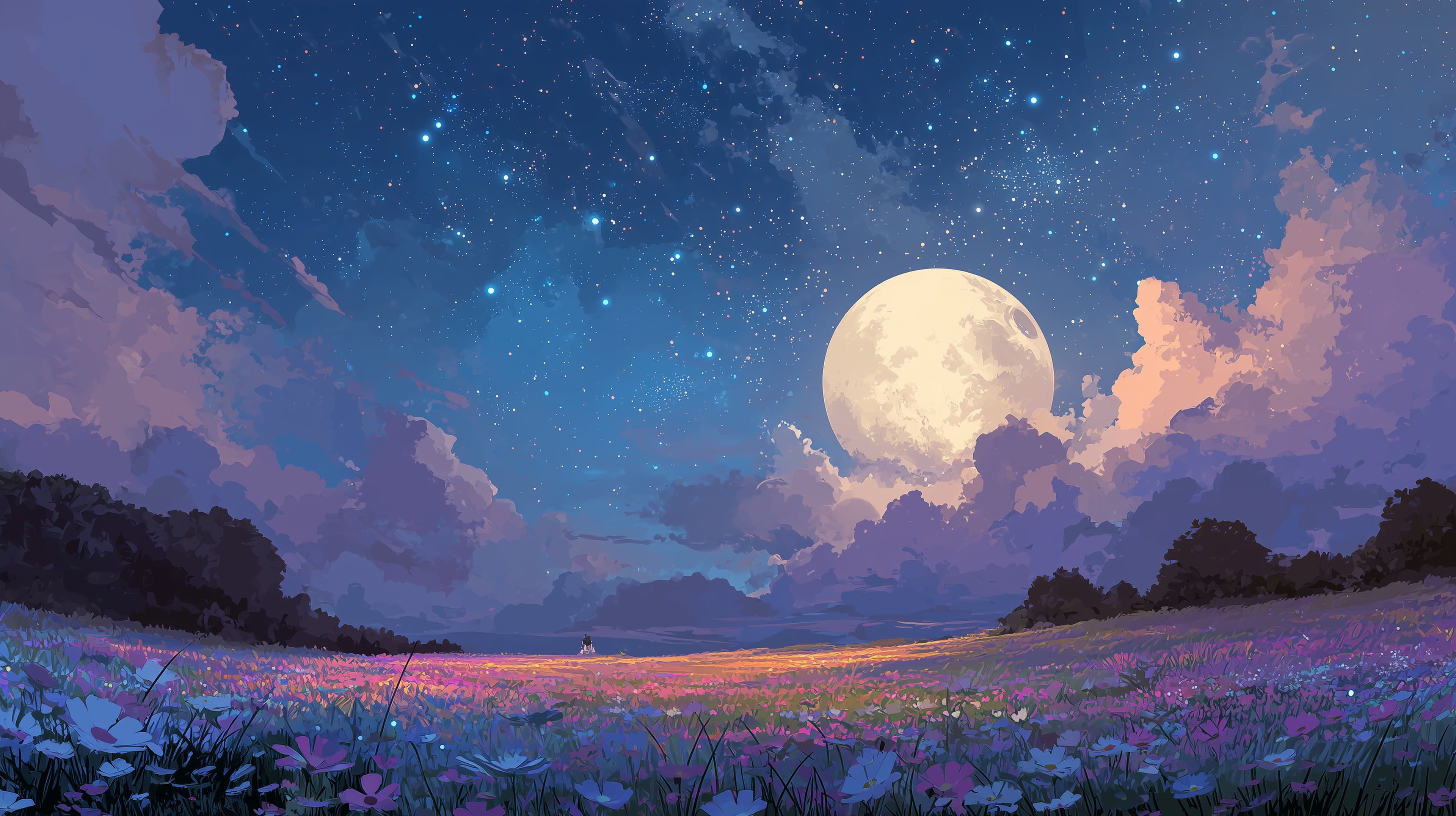 Moonlit Meadow Nightscape with Starry Sky and Blooming Field - High Resolution digital-art Wallpaper for Mobile and Desktop