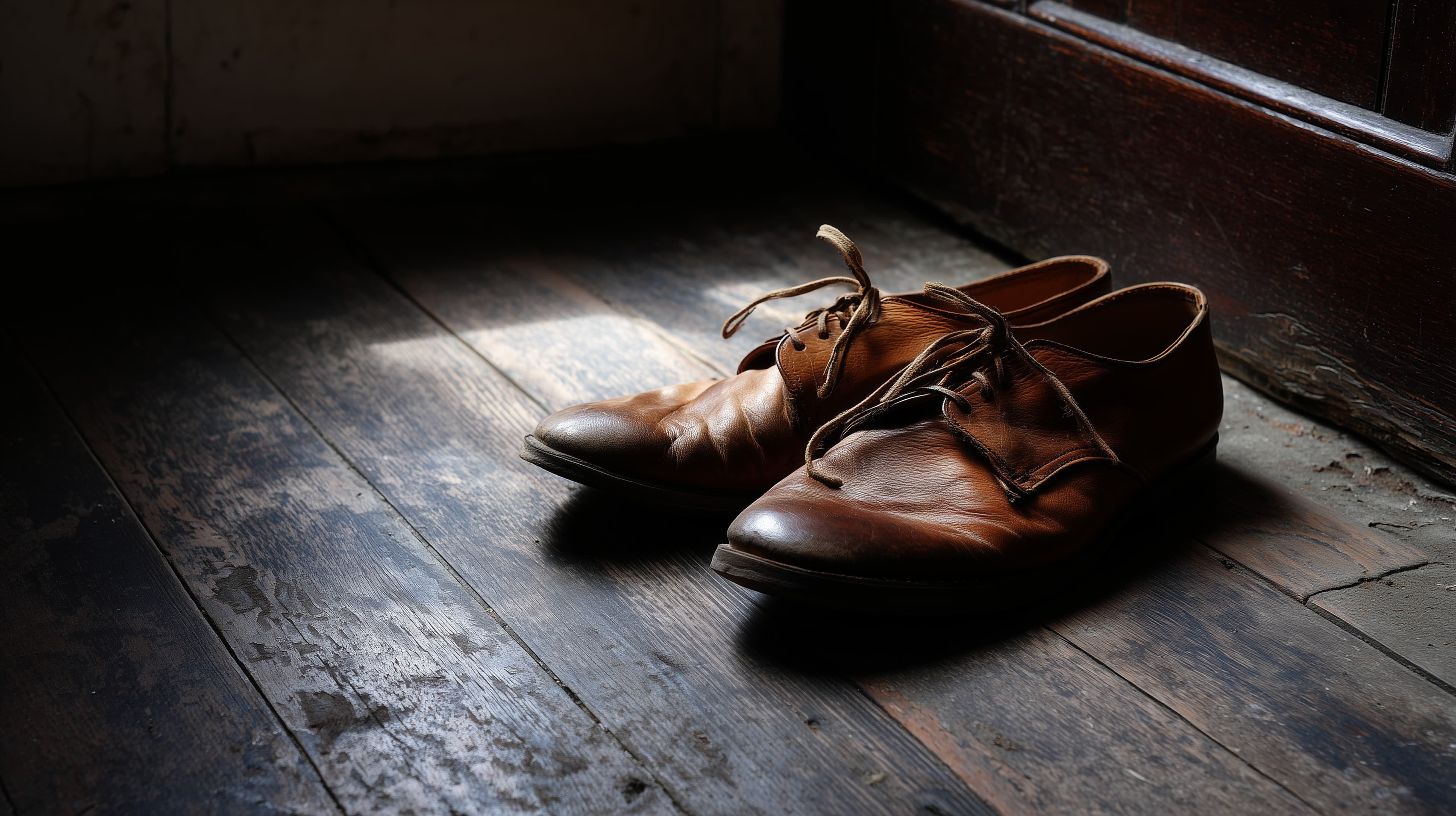 Sunlit brown leather dress shoes on weathered wooden floor - High Resolution leather-shoes Wallpaper for Mobile and Desktop