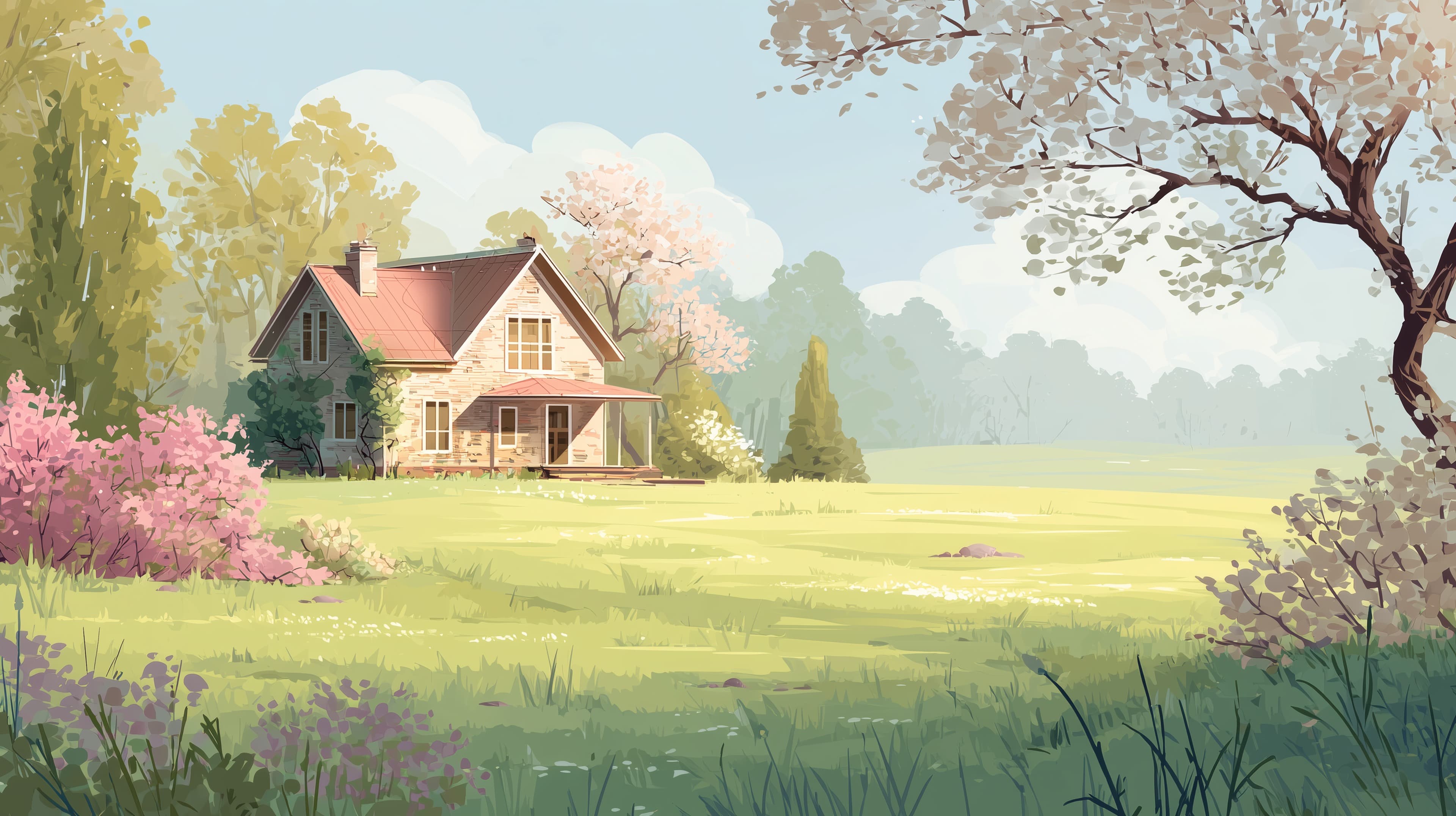 Pastel Country House in Spring Landscape - Calm Wallpaper - High Resolution artwork Wallpaper for Mobile and Desktop