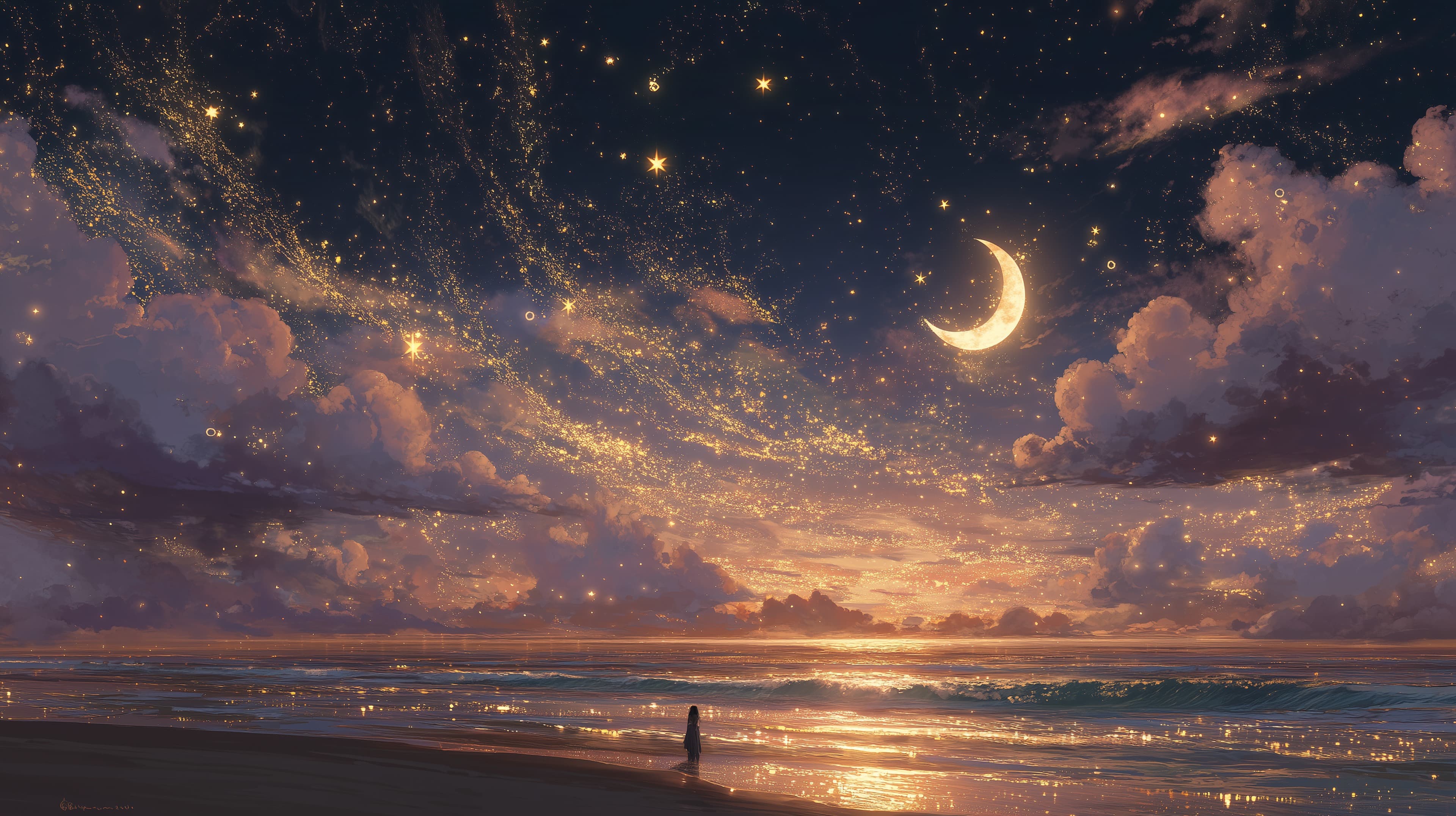Dreamy Night Shore: Crescent Moon and Starry Ocean Glow - High Resolution crescent-moon Wallpaper for Mobile and Desktop