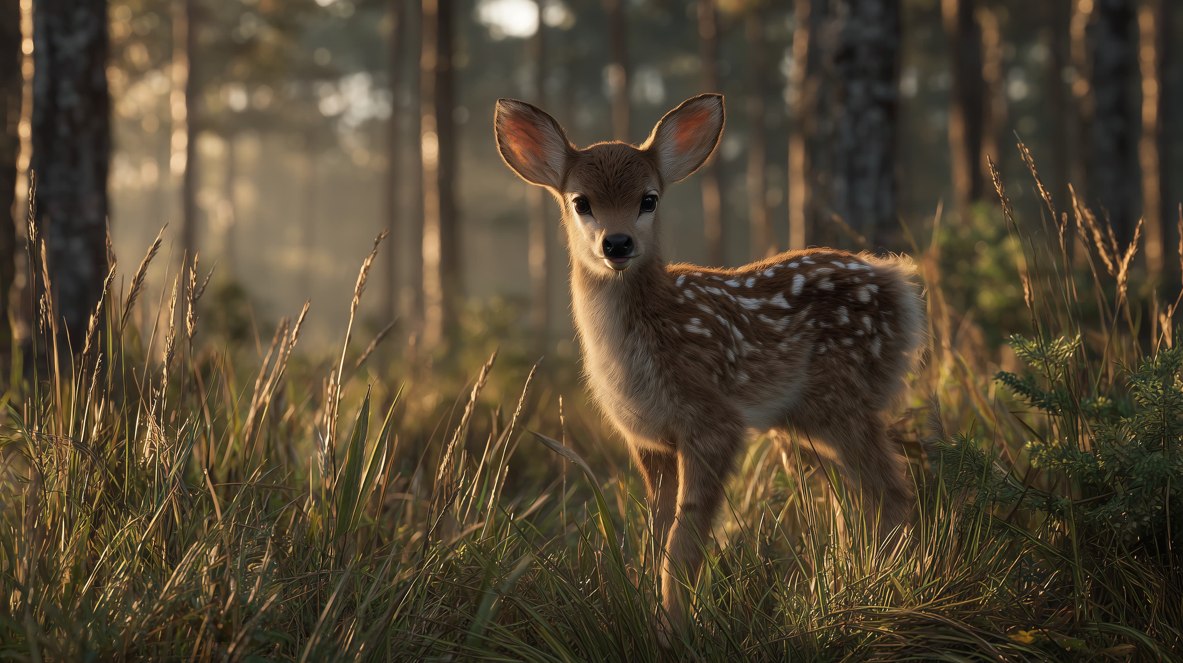 Golden Hour Fawn in Forest with Dappled Sunlight and Mystery - High Resolution forest Wallpaper for Mobile and Desktop