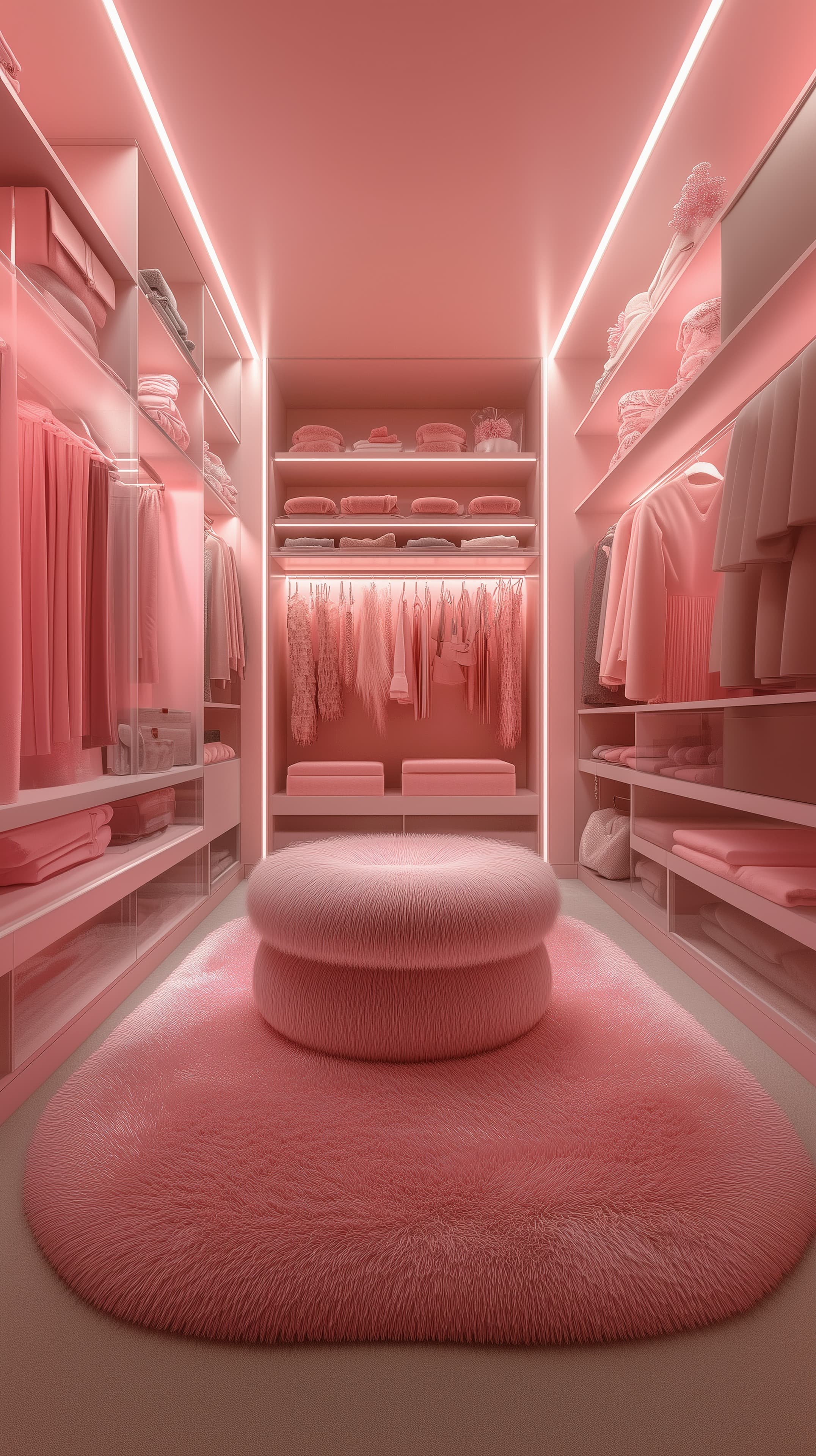 Soft Pink Walk-In Closet Wallpaper with Plush Center Rug - High Resolution closet-decor Wallpaper for Mobile and Desktop