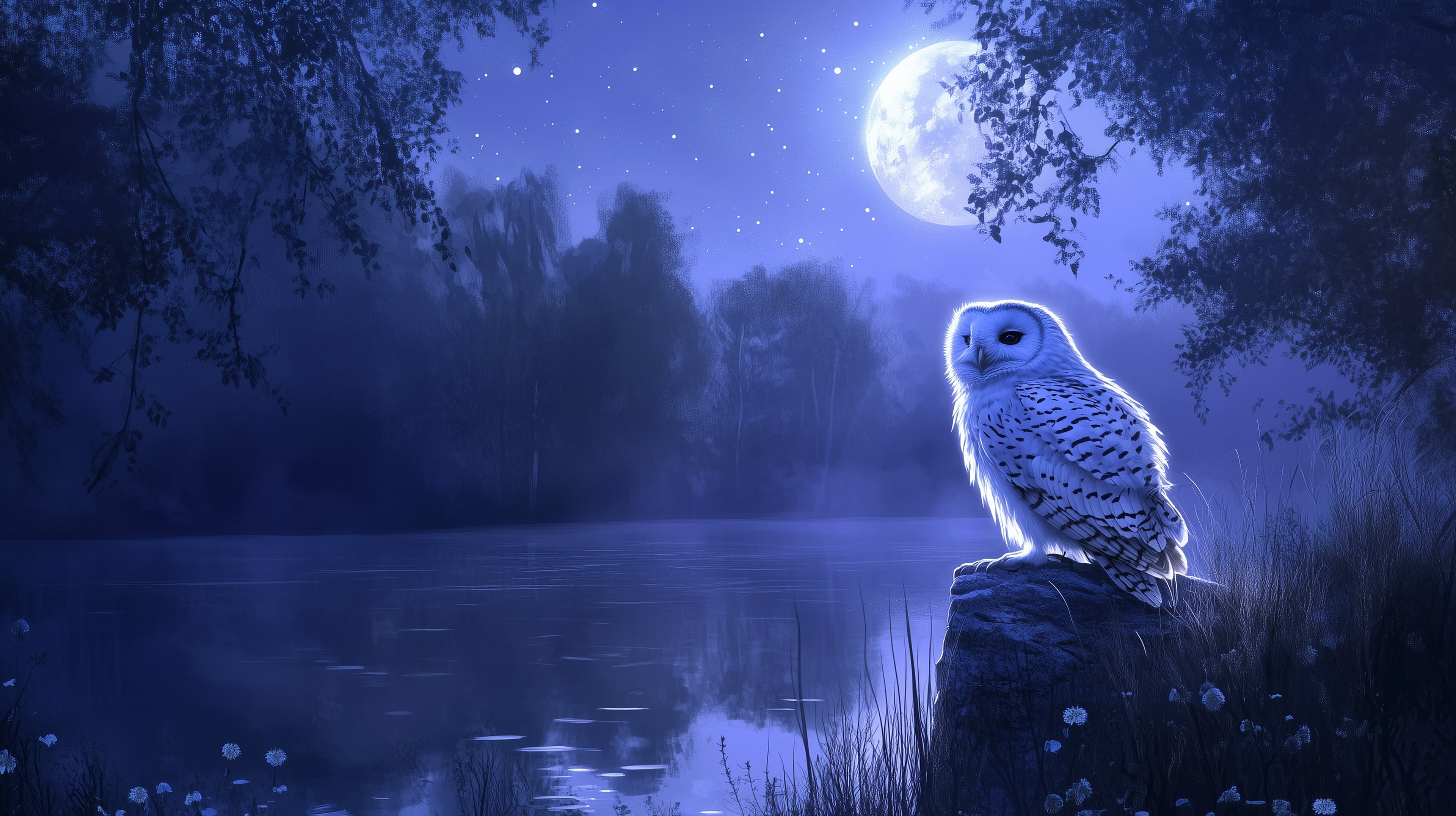 Moonlit Night Owl by Serene Lake Dreamy Blue Wallpaper - High Resolution blue-night Wallpaper for Mobile and Desktop