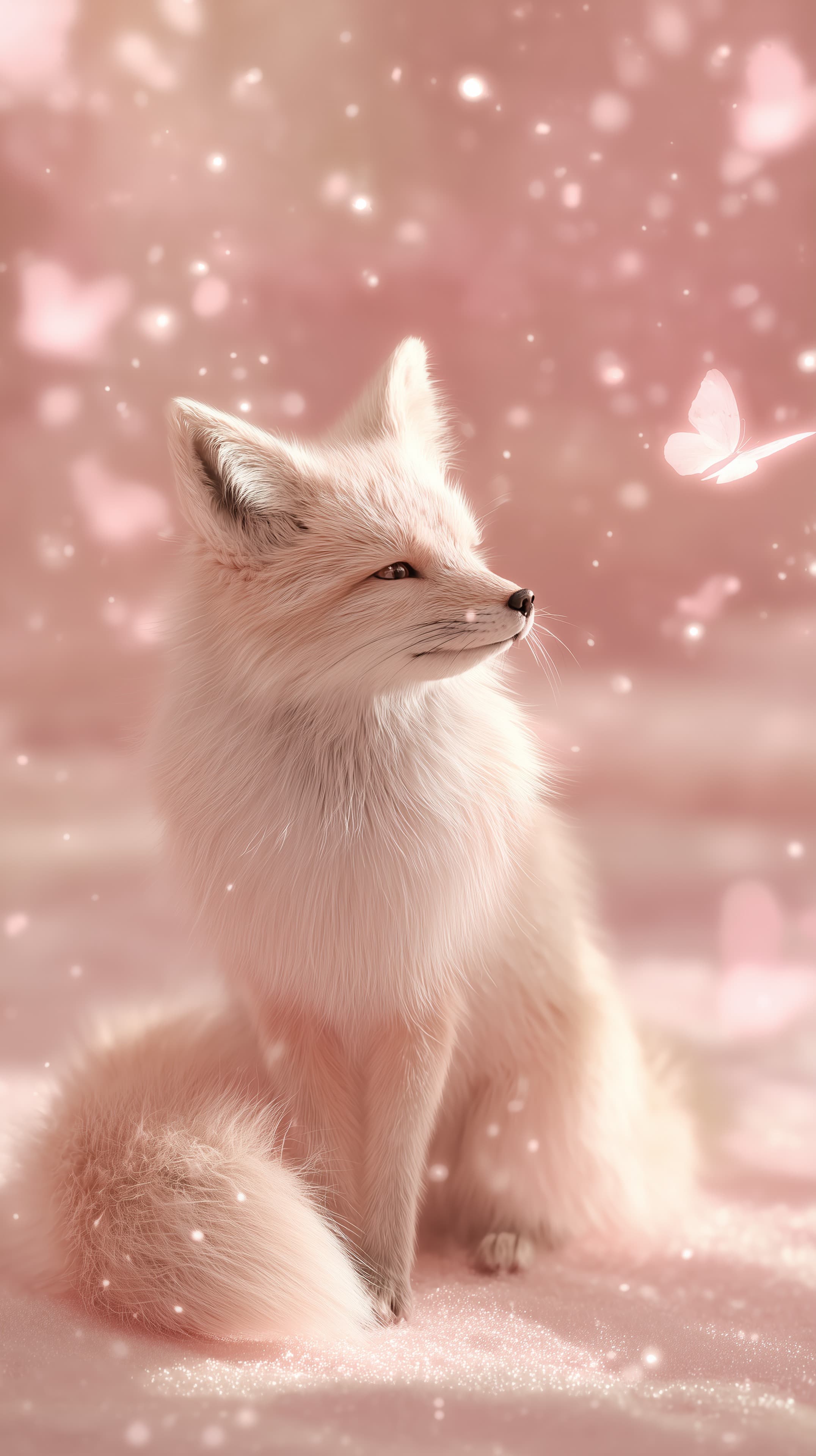 Dreamy Pink Fox Cub with Butterfly in Soft Bokeh Glow - High Resolution animal Wallpaper for Mobile and Desktop
