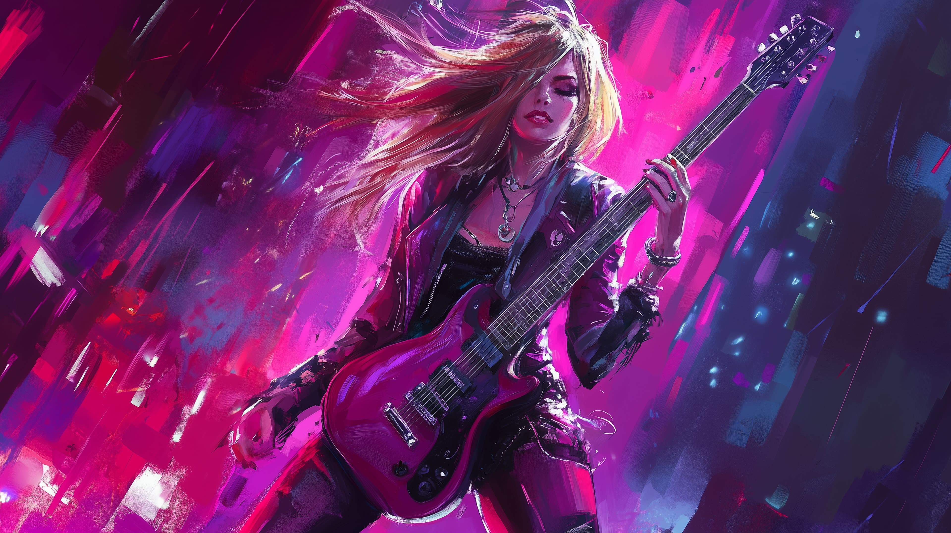 Neon Night Rocker: Vibrant City Guitarist Art (Digital) - High Resolution neon-aesthetic Wallpaper for Mobile and Desktop