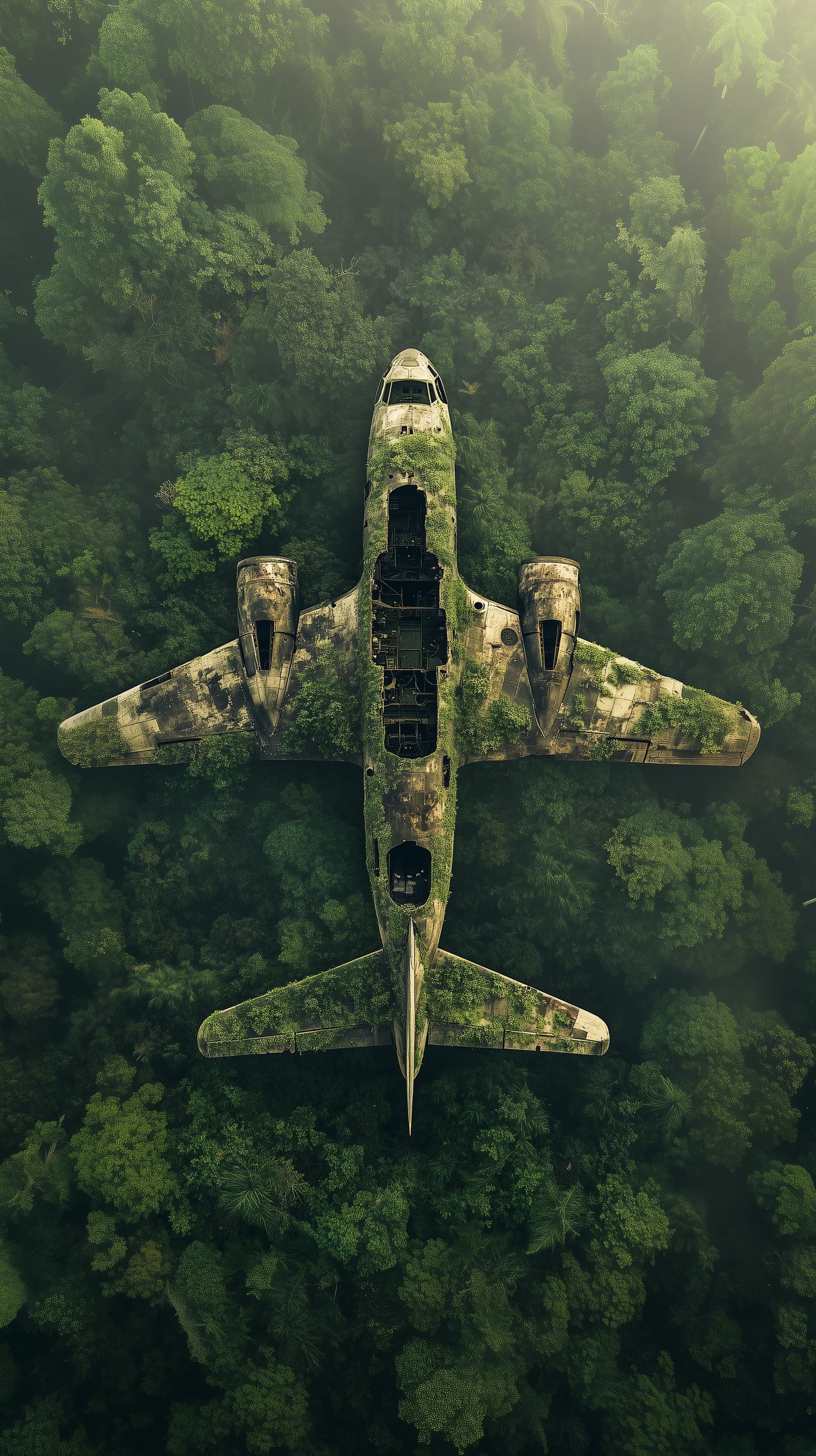 Overgrown Aircraft Wreck in Dense Jungle – Aerial View - High Resolution abandoned-aircraft Wallpaper for Mobile and Desktop