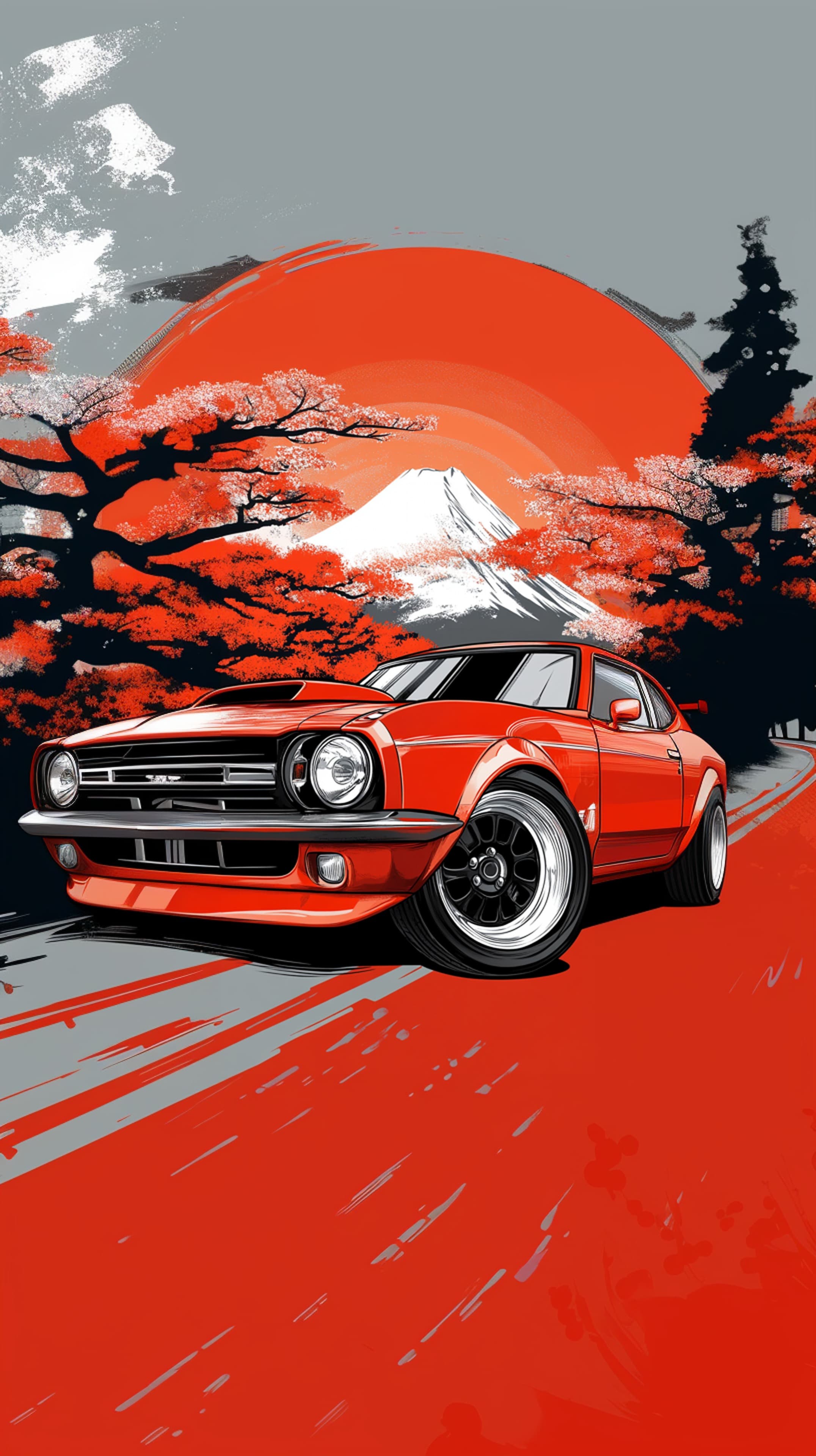 Vibrant Red Muscle Car Art: Cherry Blossom Landscape Wallpaper - High Resolution car-art Wallpaper for Mobile and Desktop