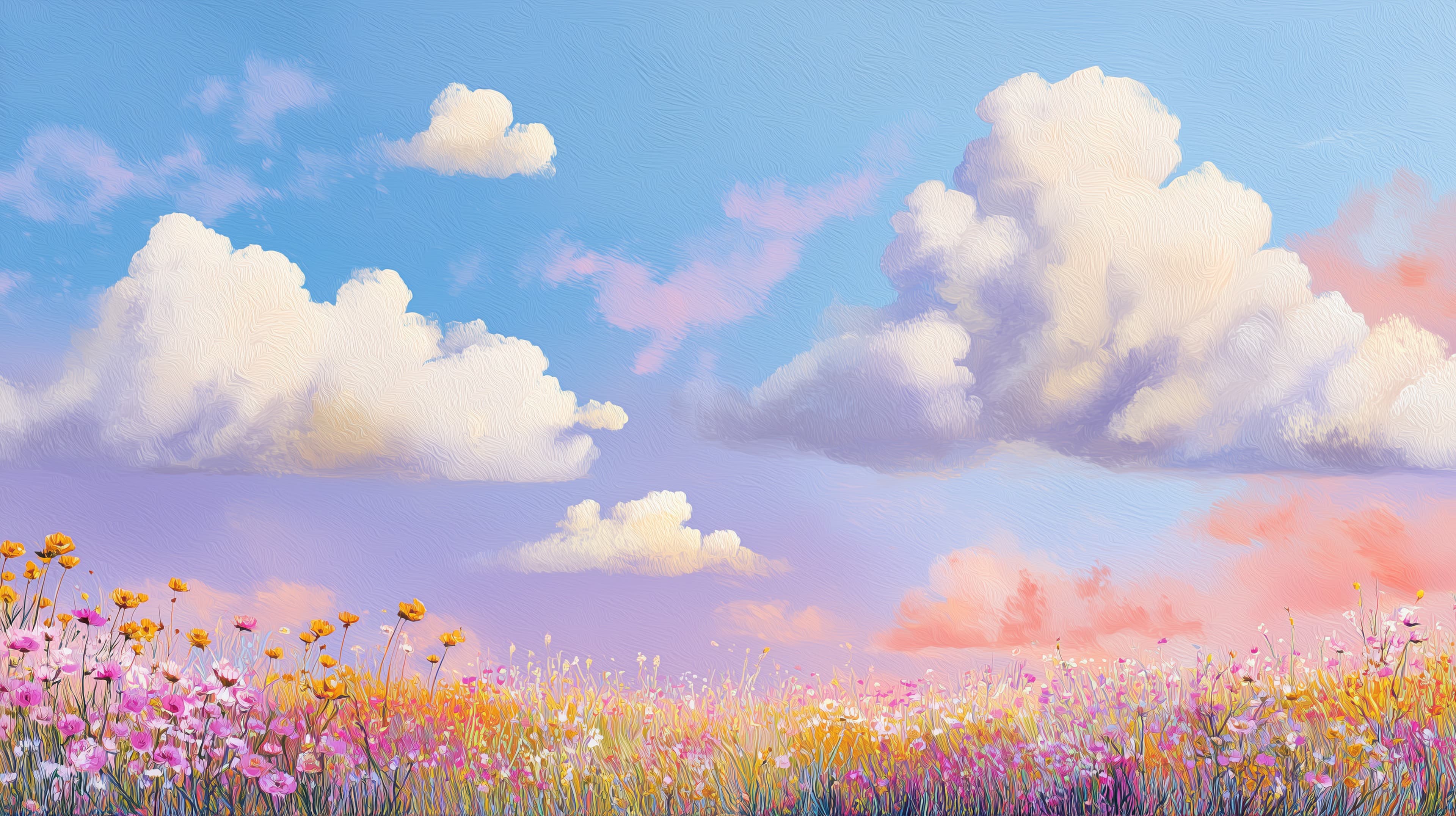 Dreamy Pastel Sky Over a Field of Colorful Wildflowers - High Resolution cloudscape Wallpaper for Mobile and Desktop