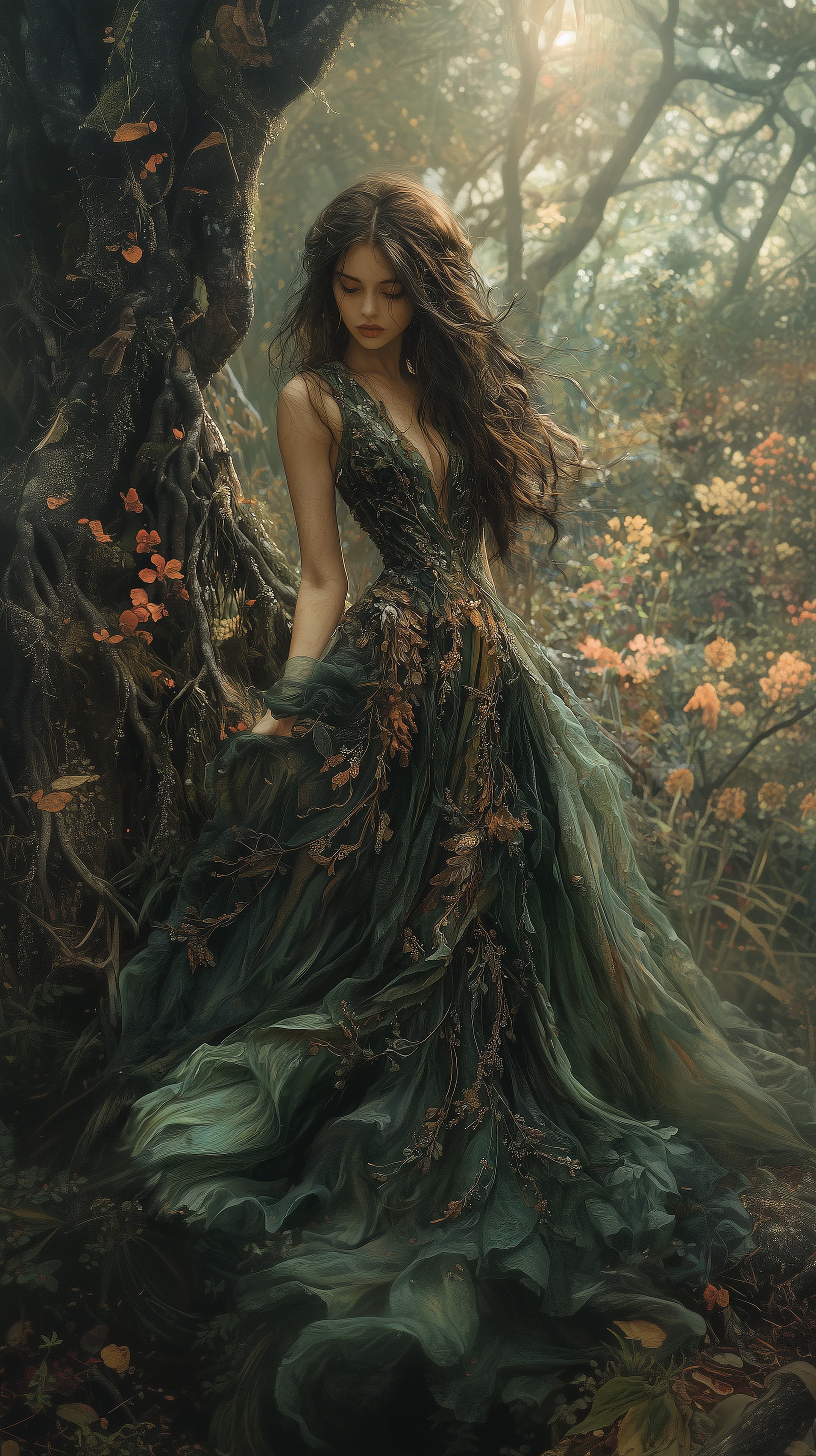 Emerald Forest Enchantress in a Flowing Gown Amid Mist - High Resolution atmospheric-portrait Wallpaper for Mobile and Desktop