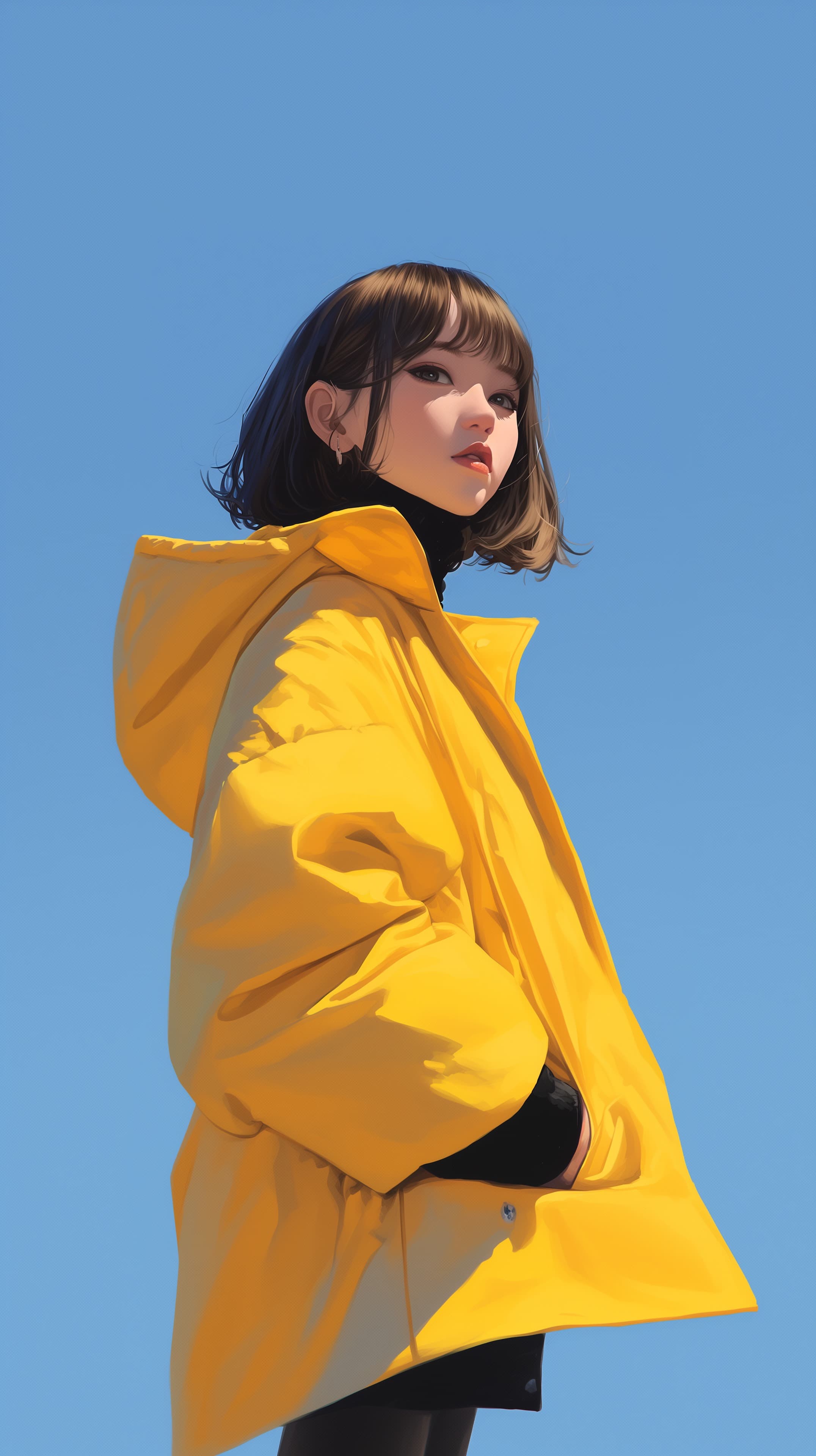 Vibrant Yellow Jacket Portrait Under Clear Blue Sky - High Resolution blue-sky Wallpaper for Mobile and Desktop