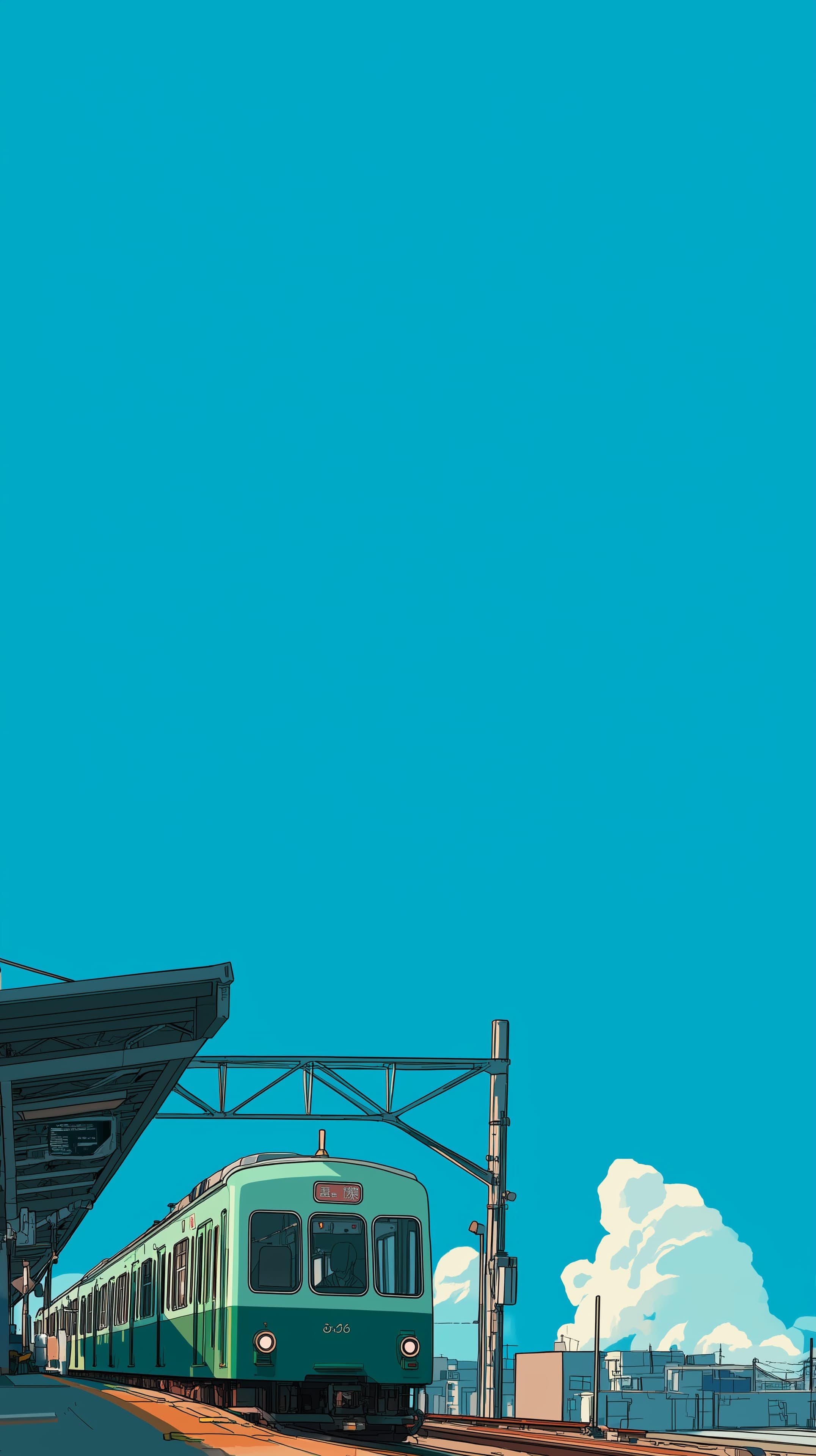 Teal Train at Sunny Platform - Modern Urban Rail Illustration - High Resolution art Wallpaper for Mobile and Desktop