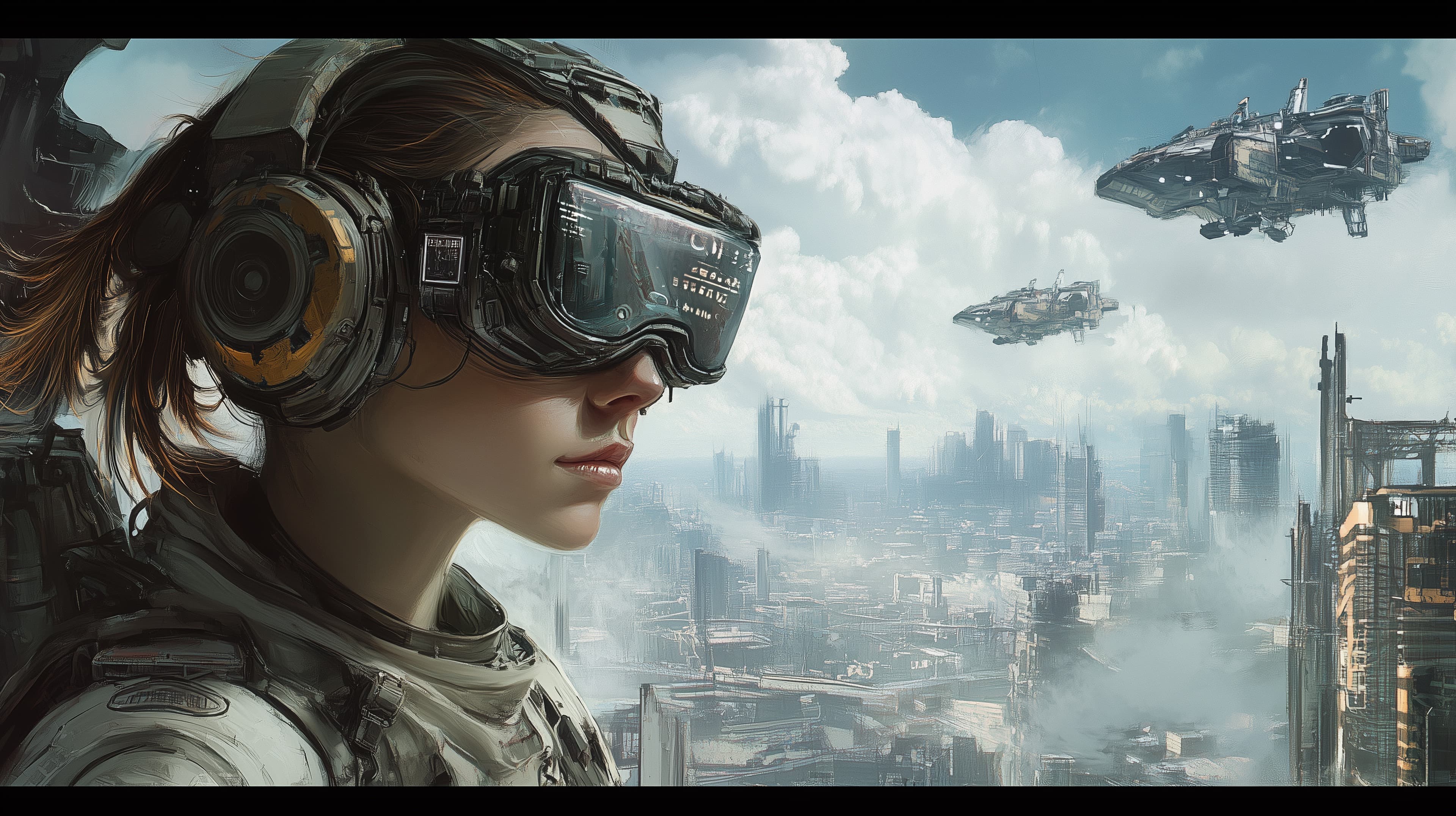 Cyberpunk Pilot with VR Flight Gear over Futuristic Cityscape - High Resolution cyberpunk Wallpaper for Mobile and Desktop