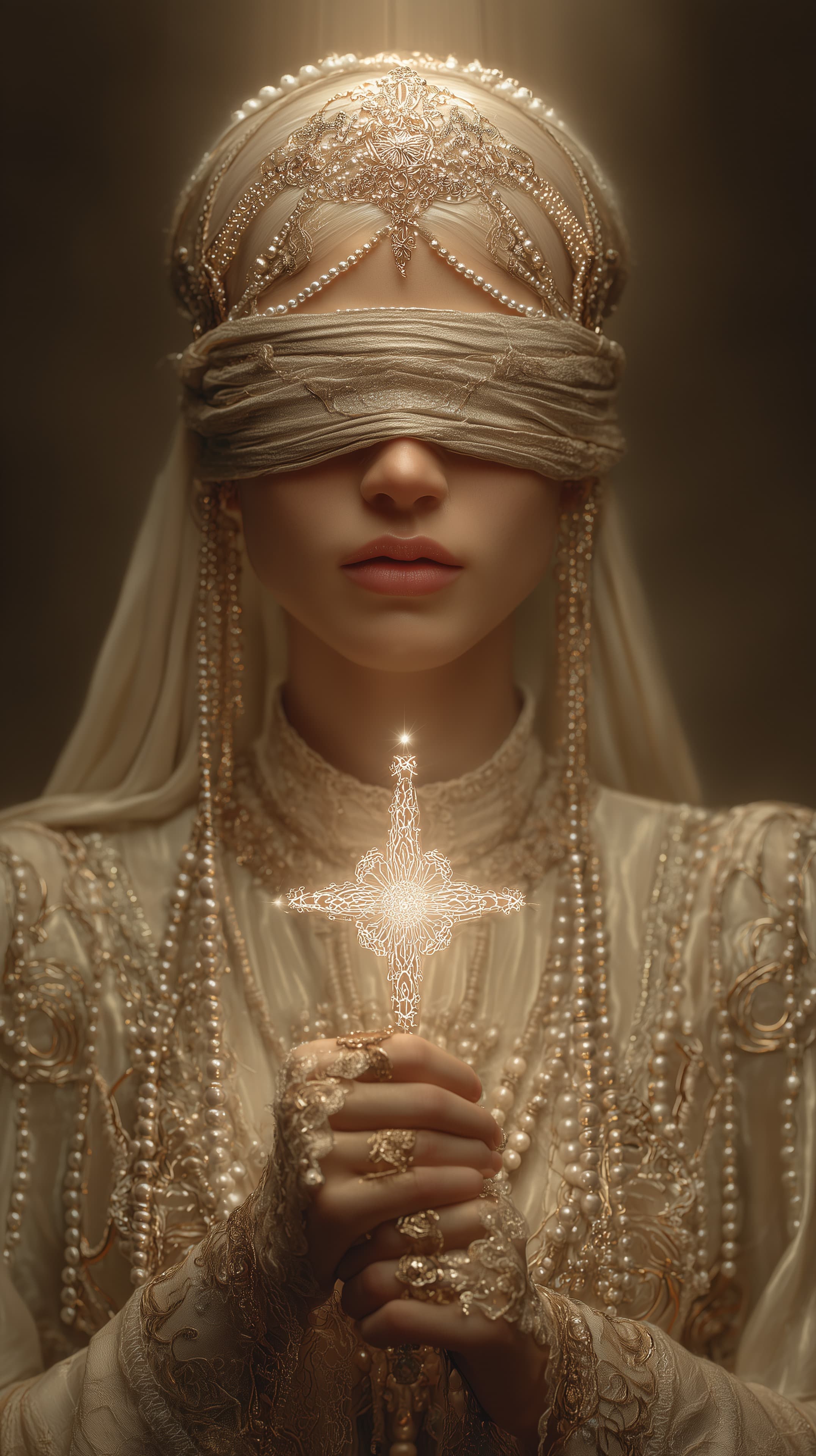 Ethereal Golden Bride with Pearl Veil and Glowing Cross Pendant - High Resolution cross Wallpaper for Mobile and Desktop